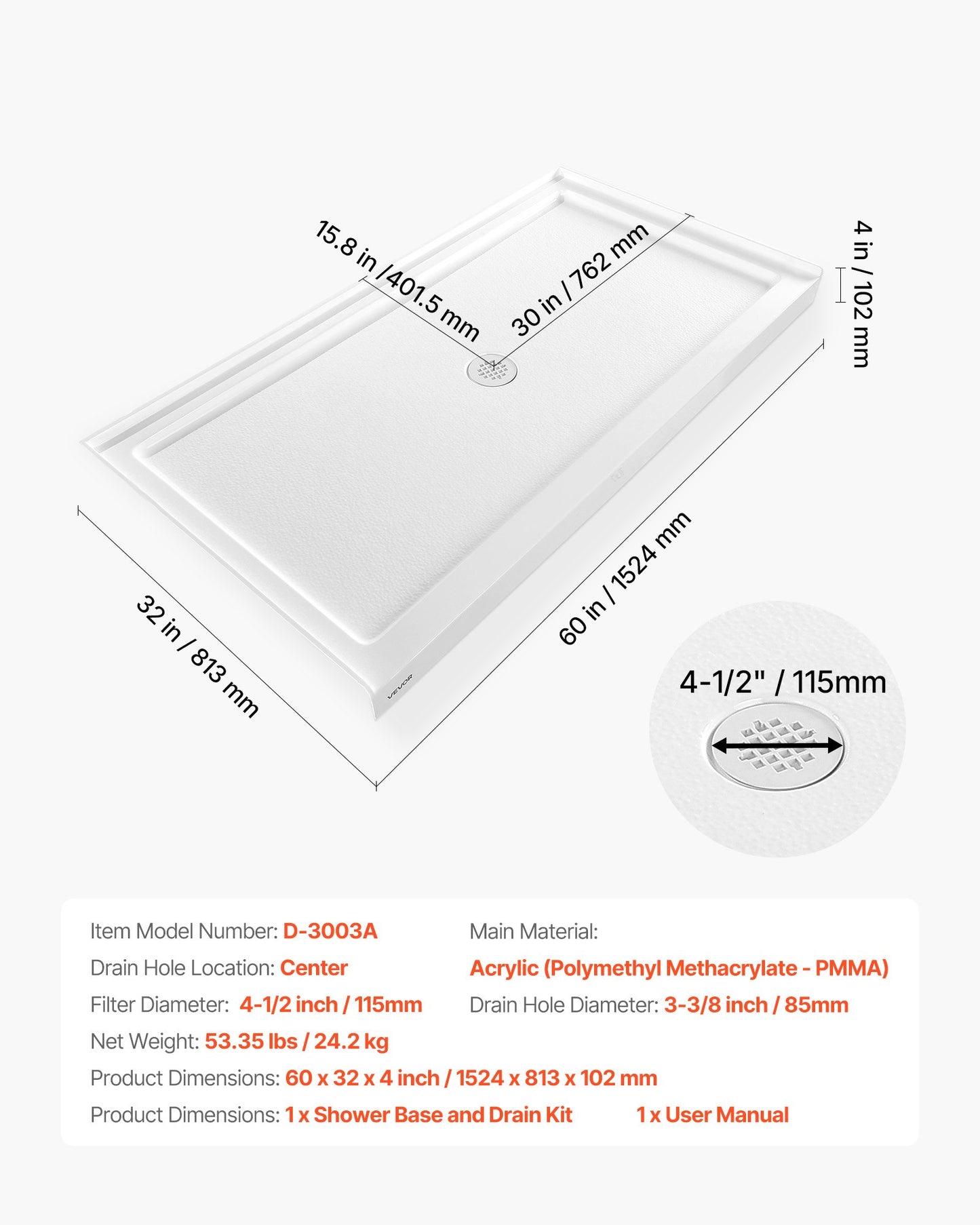 Shower Pan, 60″ L x 32″ W Single Threshold Shower Base, Rectangle Acrylic & PVC Showering Base in White, Slip-Resistant Showering Pan Bases with Drain & Cover for Bathroom, Center Drain Location