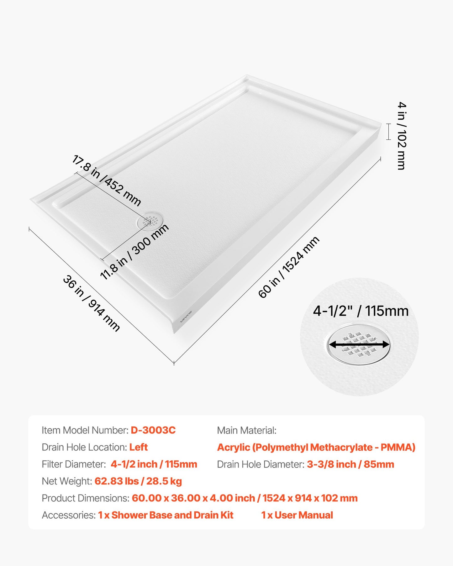 Shower Pan, 60″ L x 36″ W Single Threshold Shower Base, Rectangle Acrylic & PVC Showering Base in White, Slip-Resistant Showering Pan Bases with Drain & Cover for Bathroom, Left Drain Location