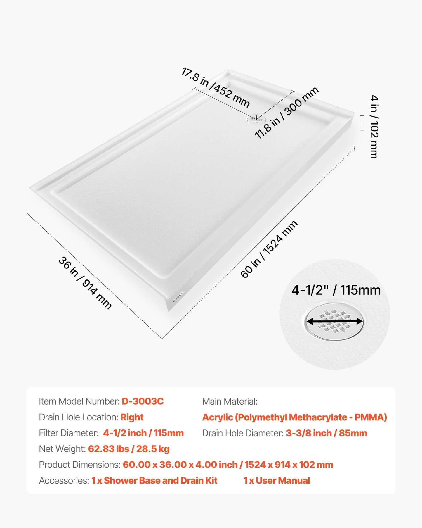 Shower Pan, 60″ L x 36″ W Single Threshold Shower Base, Rectangle Acrylic & PVC Showering Base in White, Slip-Resistant Showering Pan Bases with Drain & Cover for Bathroom, Right Drain Location