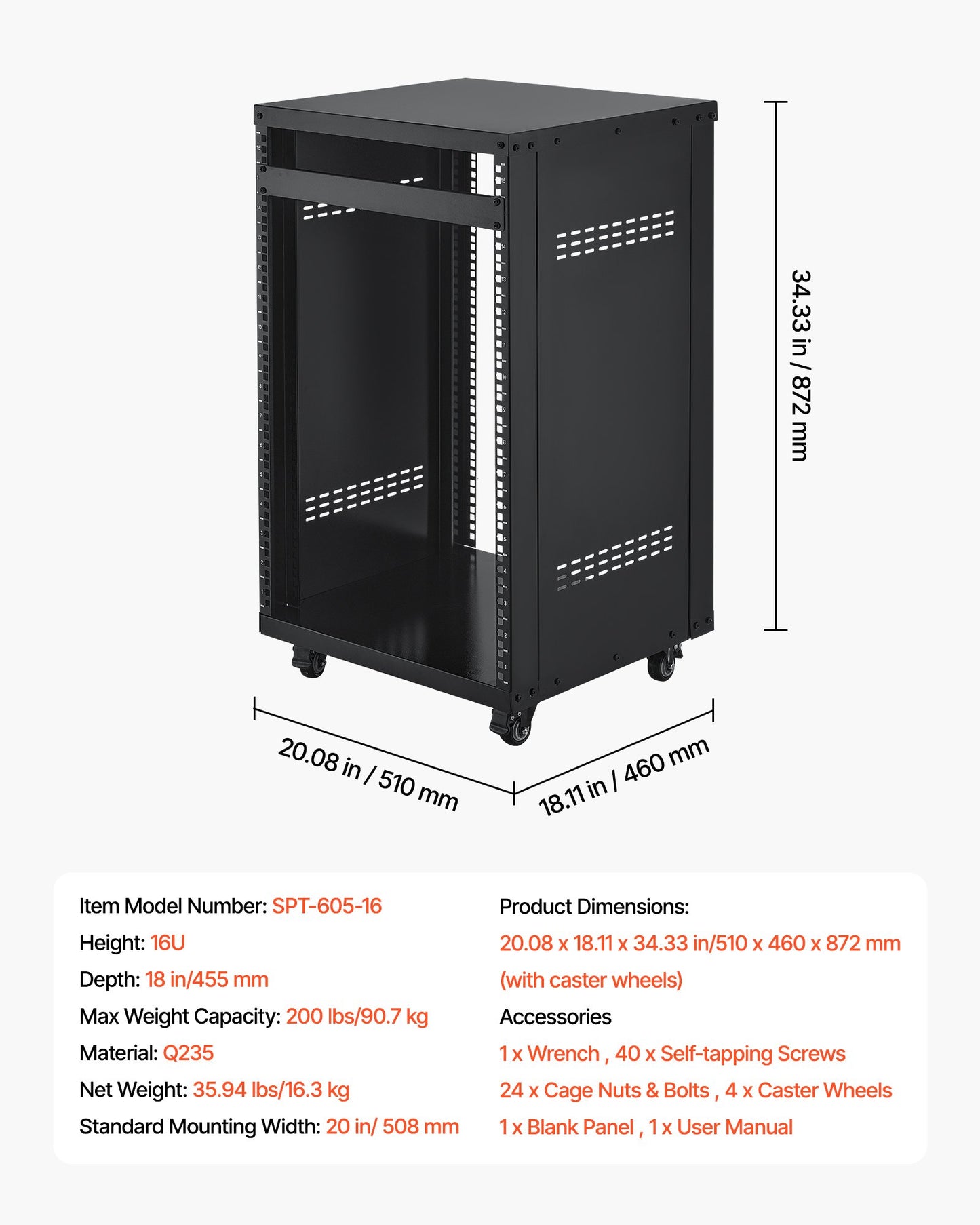 16U AV Rack, 200 lbs Max Capacity, Home Recording Studio Rack with Lockable Caster Wheels, Open Frame Server Cabinet, Special Vent Design, for 19-Inch Audio Video Musical & IT Equipment Mounting