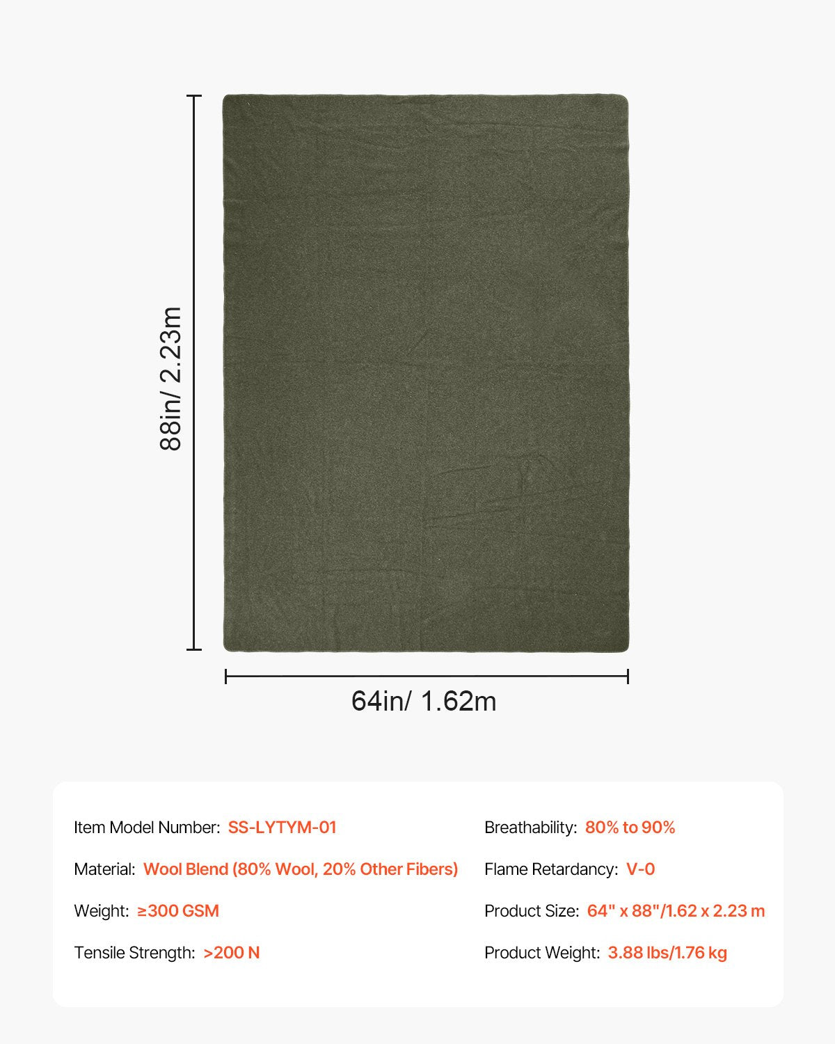 Wool Camping Blanket, Large Warm Stadium Blanket, Waterproof & Windproof, Flame Retardant, Great for Outdoors, Picnics, Hiking, Sports Events, Travel, 64" x 88" (80% Wool), Army Green