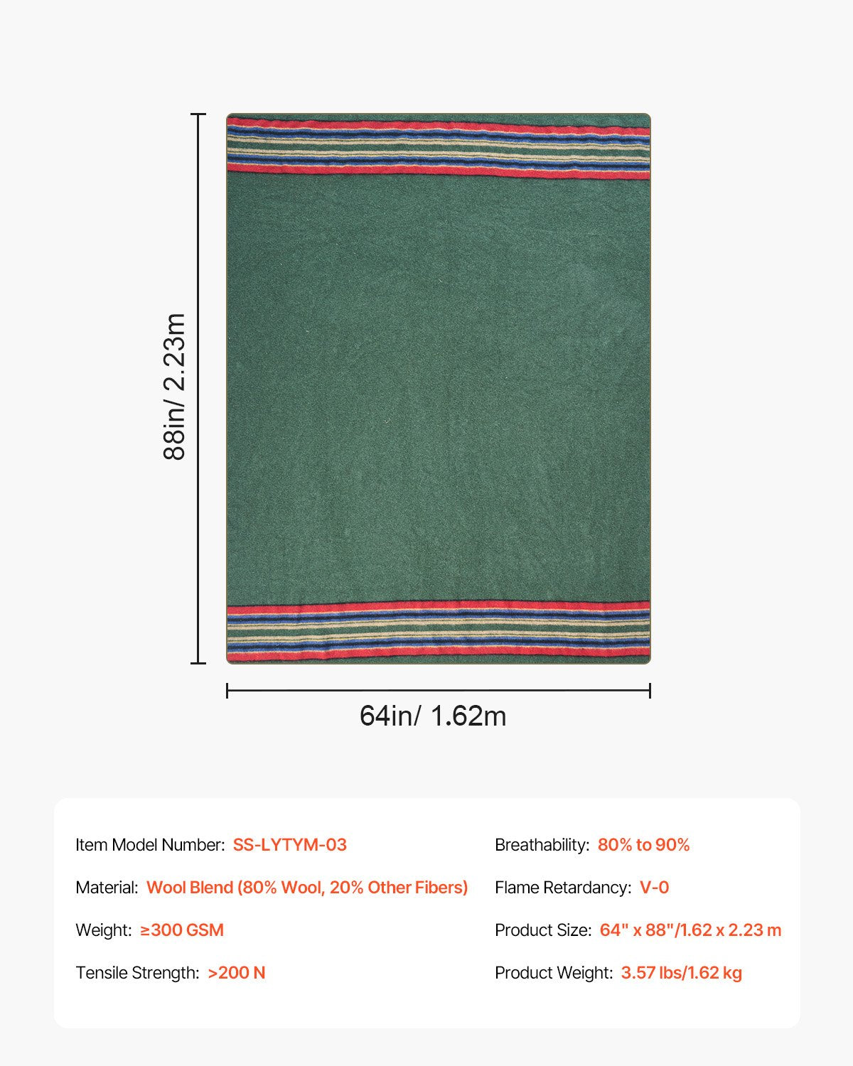 Wool Camping Blanket, Large Warm Stadium Blanket, Waterproof & Windproof, Flame Retardant, Great for Outdoors, Picnics, Hiking, Sports Events, Travel, 64" x 88" (80% Wool), Texture Multicolor