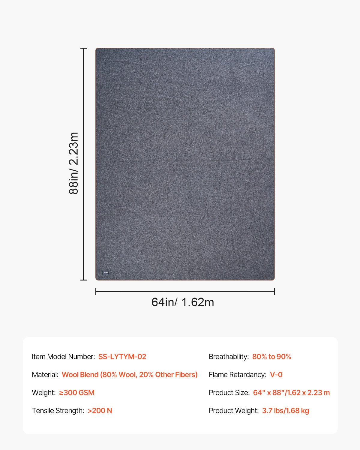Wool Camping Blanket, Large Warm Stadium Blanket, Waterproof & Windproof, Flame Retardant, Great for Outdoors, Picnics, Hiking, Sports Events, Travel, 64" x 88" (80% Wool), Light Grey