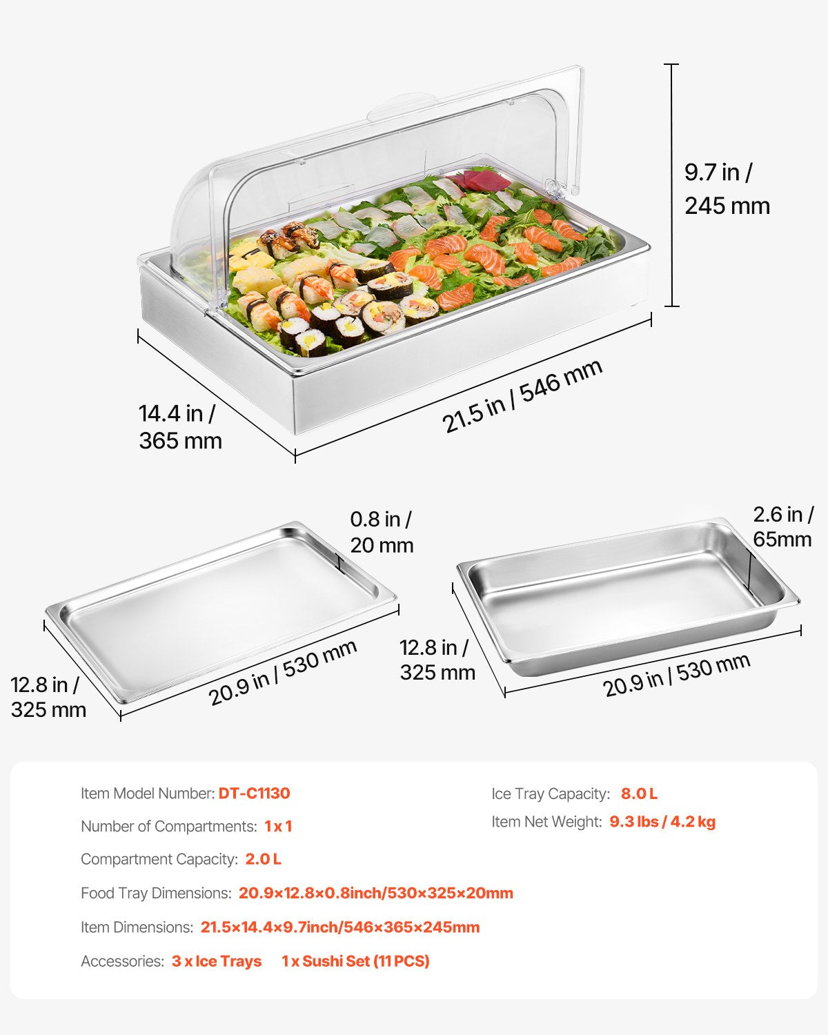 Countertop Food Serving Display Container, 1 x 1 Pan Stainless Steel Food Serving Tray, Buffet Condiment Dispenser Display Rack with Clear Lid & 3 Ice Trays, for Restaurant Hotel Kitchen Party
