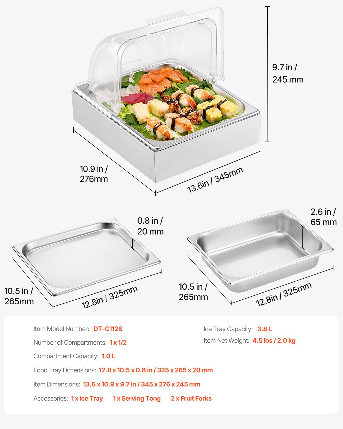 Countertop Food Serving Display Container, 1 x 1/2 Pan Stainless Steel Food Serving Tray, Buffet Condiment Dispenser Display Rack with Clear Lid & Ice Tray, for Restaurant Hotel Kitchen Party