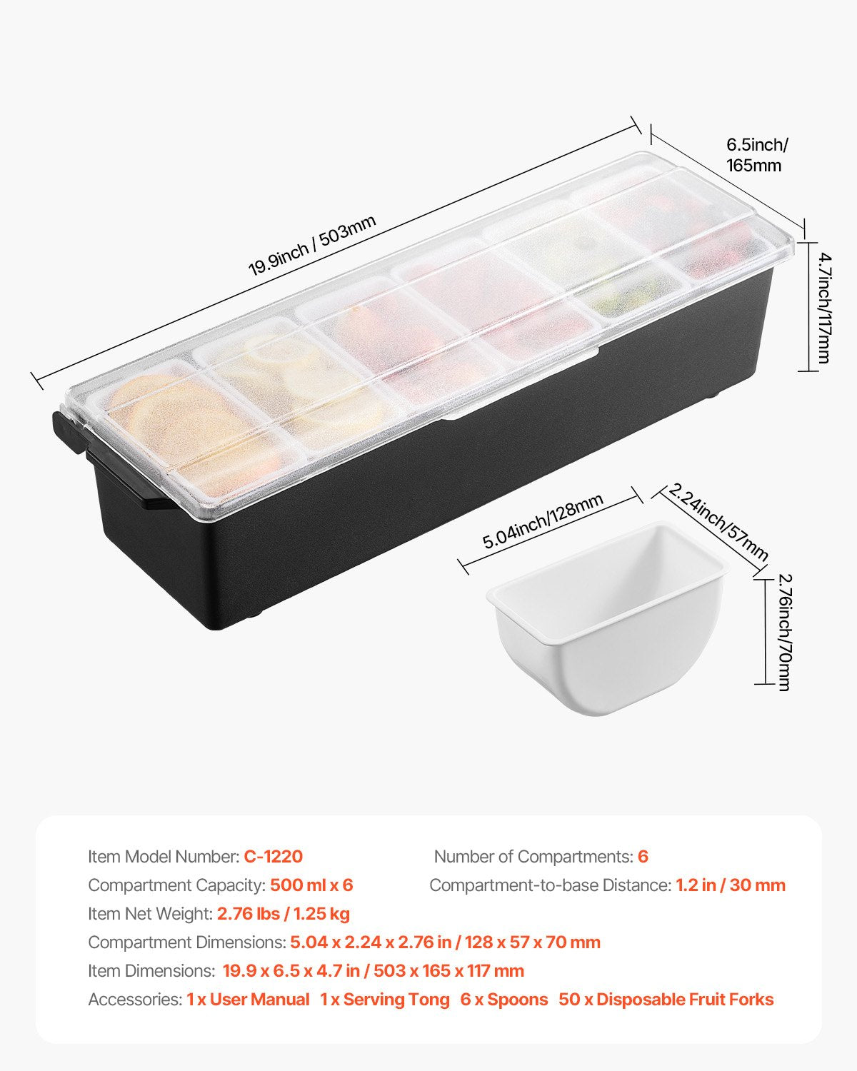 Chilled Condiment Server, 6 Compartment Ice Cooled Condiment Serving Container, Chilled Garnish Tray Bar Caddy with Lid, for Bartending & Serving Taco, Salad, Fruit, Home & Restaurant Supplies