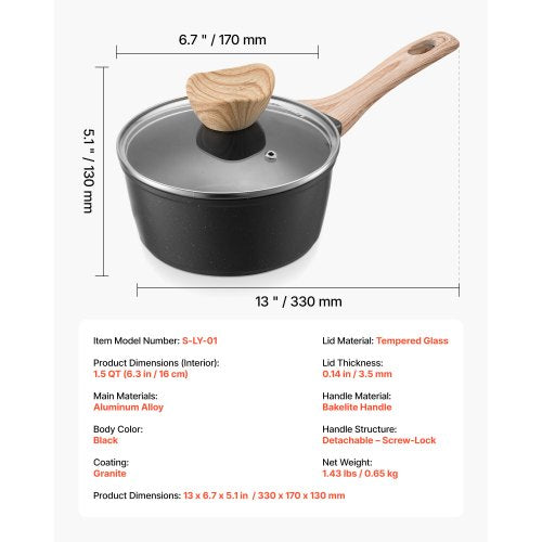1,5 QT Kochtopf Antihaft-Kochtopf mit Glasdeckel und abnehmbarem Griff Schwarz | EU