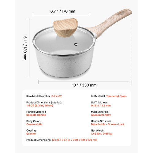 1,5 QT Kastrull Nonstick Kastrull med Glaslock och Avtagbart Handtag Vit | EU