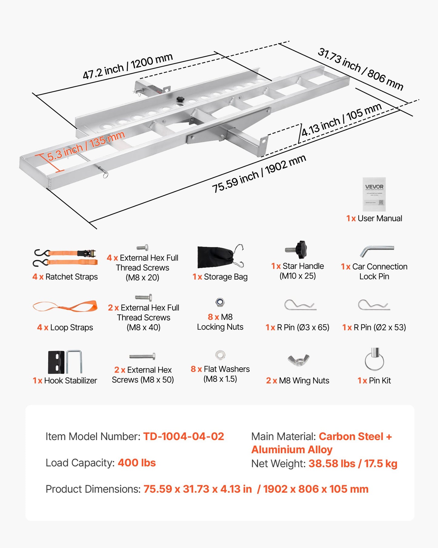 Motorcycle Carrier, 400 lbs Capacity, Heavy Duty Aluminum Hitch Mount Rack with 47in Loading Ramp, Straps & Stabilizer, Scooter Dirt Bike Trailer Hauler for Car Truck with 2-Inch Hitch Receiver