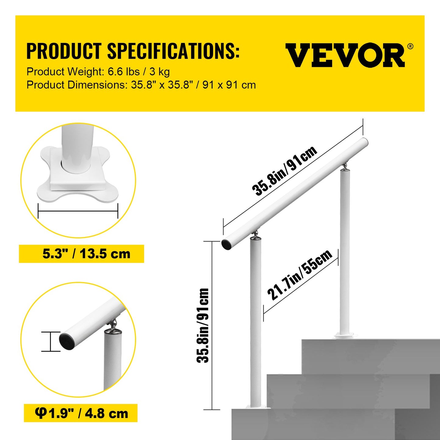 Outdoor Stair Railing Kit, 3 FT Handrails 2-3 Steps, Adjustable Angle White Aluminum Stair Hand Rail for The Elderly, Handrails for Outdoor Steps