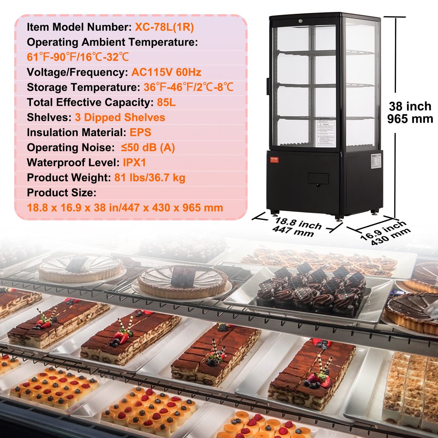 Refrigerated Display Case, 3 Cu.Ft./85L Countertop Pastry Display Case, 3-Tier Commercial Display Refrigerator with LED Lighting, TURBO Cooling, Frost-Free Air-Cooling, Locked Door for Bakery