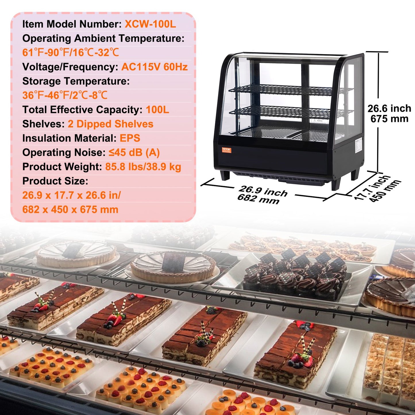 Refrigerated Display Case, 3.5 Cu.Ft./100L, 2-Tier, Countertop Pastry Display Case Commercial Display Refrigerator with LED Lighting, TURBO Cooling, Frost-Free Air-Cooling, Rear Sliding Door