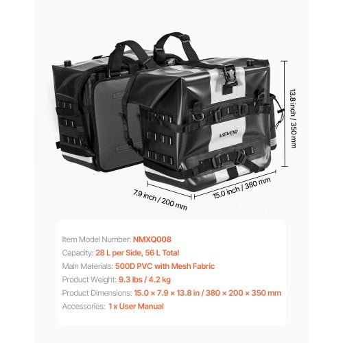Motorcykelsadelväska, 56 L (28 L x 2) Stor sidosadelväska Kompatibel med de flesta motorcyklar, Vattentätt tyg Utomhussporter Motorcykelbagageförvaring med avtagbar innerväska, Svart | EU