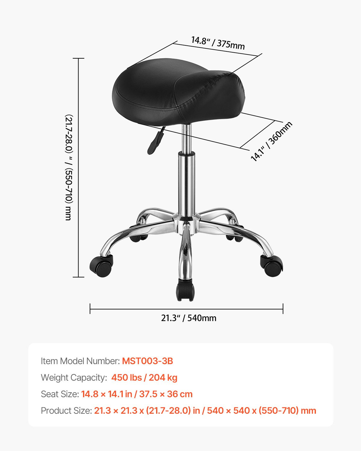 Saddle Stool with Wheels, 450 LBS Weight Capacity Ergonomic Rolling Stool, Height Adjustable Thickened PU Leather Swivel Saddle Chair for Salon, Spa, Massage, Tattoo, Clinic, Black