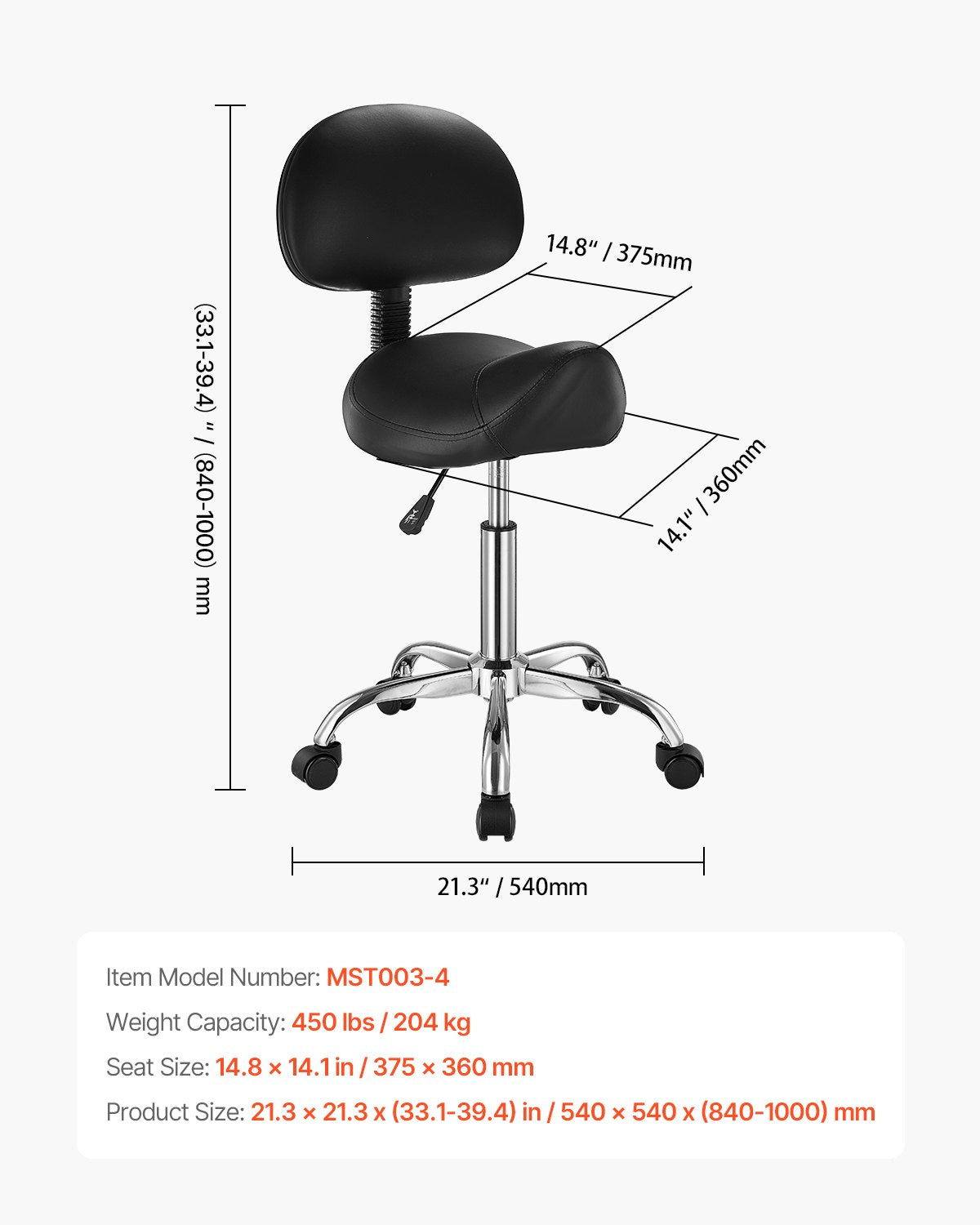 Saddle Stool with Back Support and Wheels, 450 LBS Weight Capacity Ergonomic Rolling Stool, Height Adjustable Thickened PU Leather Swivel Saddle Chair for Salon, Spa, Massage, Tattoo, Black