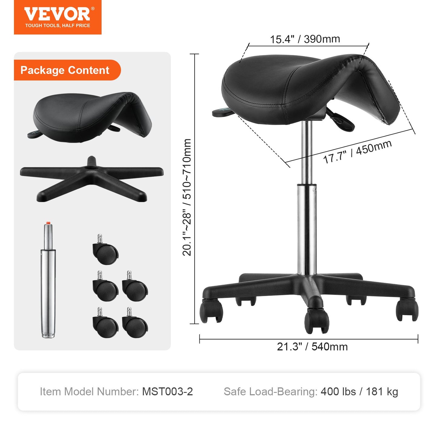 Saddle Stool with Wheels, 400 LBS Weight Capacity, Height Adjustable Thickened PU Leather Swivel Saddle Stool Chair for Salon, Spa, Tattoo, Clinic, Black