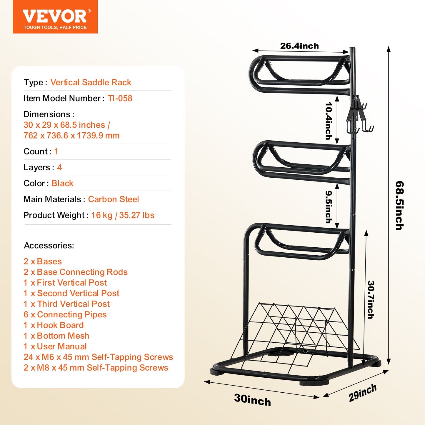 Freestanding Saddle Stand, 30 x 30 x 68.5 in, 3 Tiers Saddle Rack, Heavy Duty Saddle Blanket Holder with Removable & Rotating Tiers, English & Western Saddle Rack for Tack Room Organization
