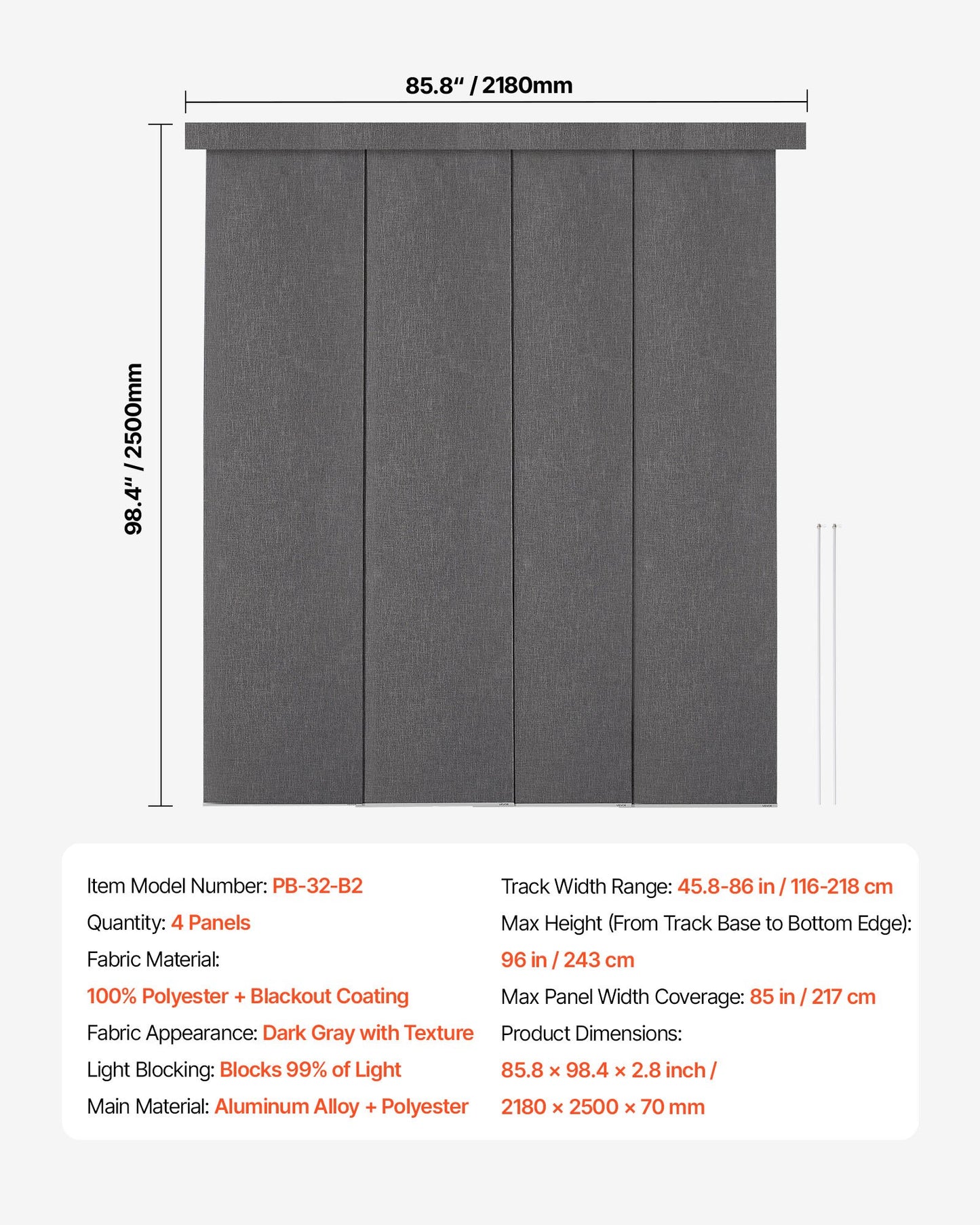 Panel Track Blinds, Extendable Track from 45.8 in to 86 in W, Trimmable Panel Curtains Up to 96 in H, Vertical Blackout Panel Blinds for Sliding Doors, Patio Doors, Room Divider, Dark Gray