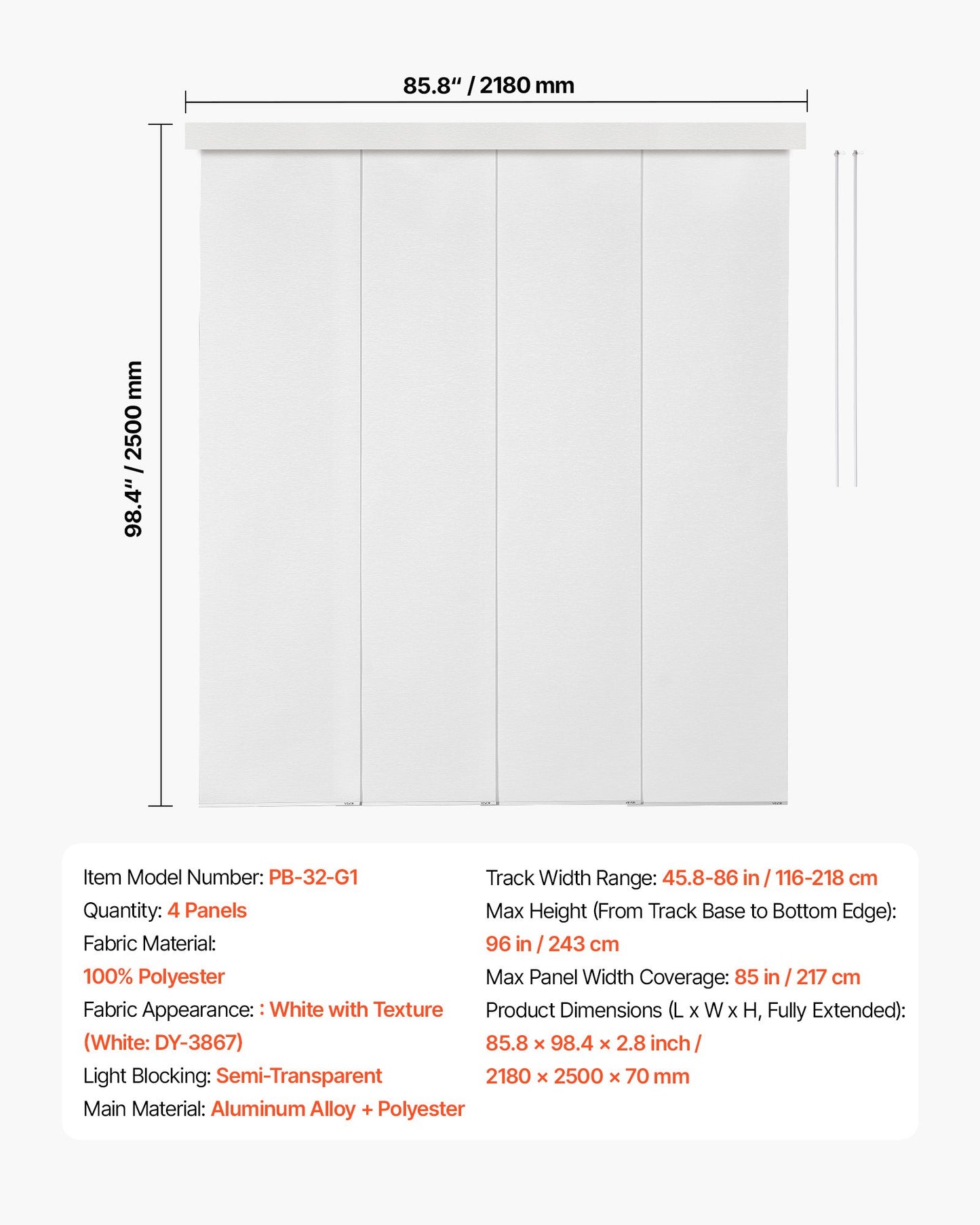 Panel Track Blinds, Extendable Track from 45.8 in to 86 in W, Trimmable Panel Curtains Up to 96 in H, Adjustable Vertical Panel Blinds for Sliding Doors, Patio Doors, Room Divider, Window, White