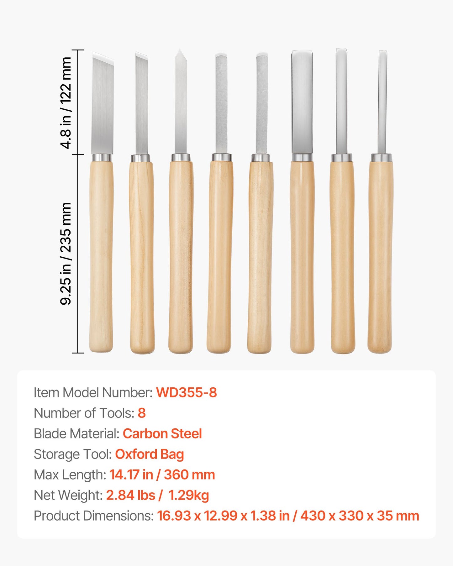 Wood Lathe Turning Tool Set, 8PCS, Lathe Chisel Set with Carbon Steel Blade, 2 Skew, 1 Spear Point, 1 Parting, 1 Round Nose, 3 Gouge Tools, 1 Oxford Bag, for Beginners, Hobbyists, Professionals