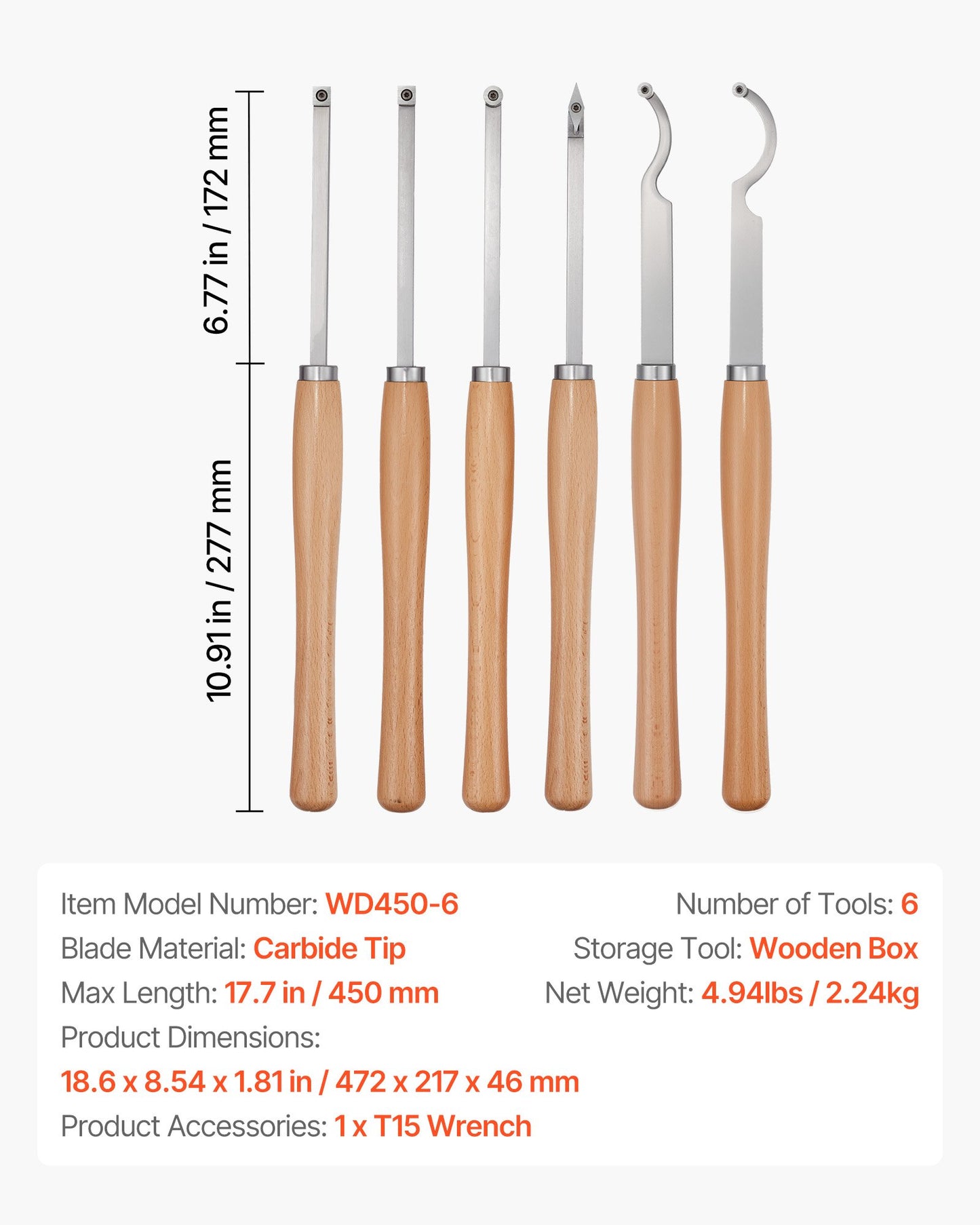 Wood Lathe Turning Tool Set, 6PCS, Lathe Roughing, Finishing, Detailing Hollow Tool with Wooden Handle, Diamond Round Square Carbide Inserts, Wooden Box, for Beginners, Hobbyists, Professionals