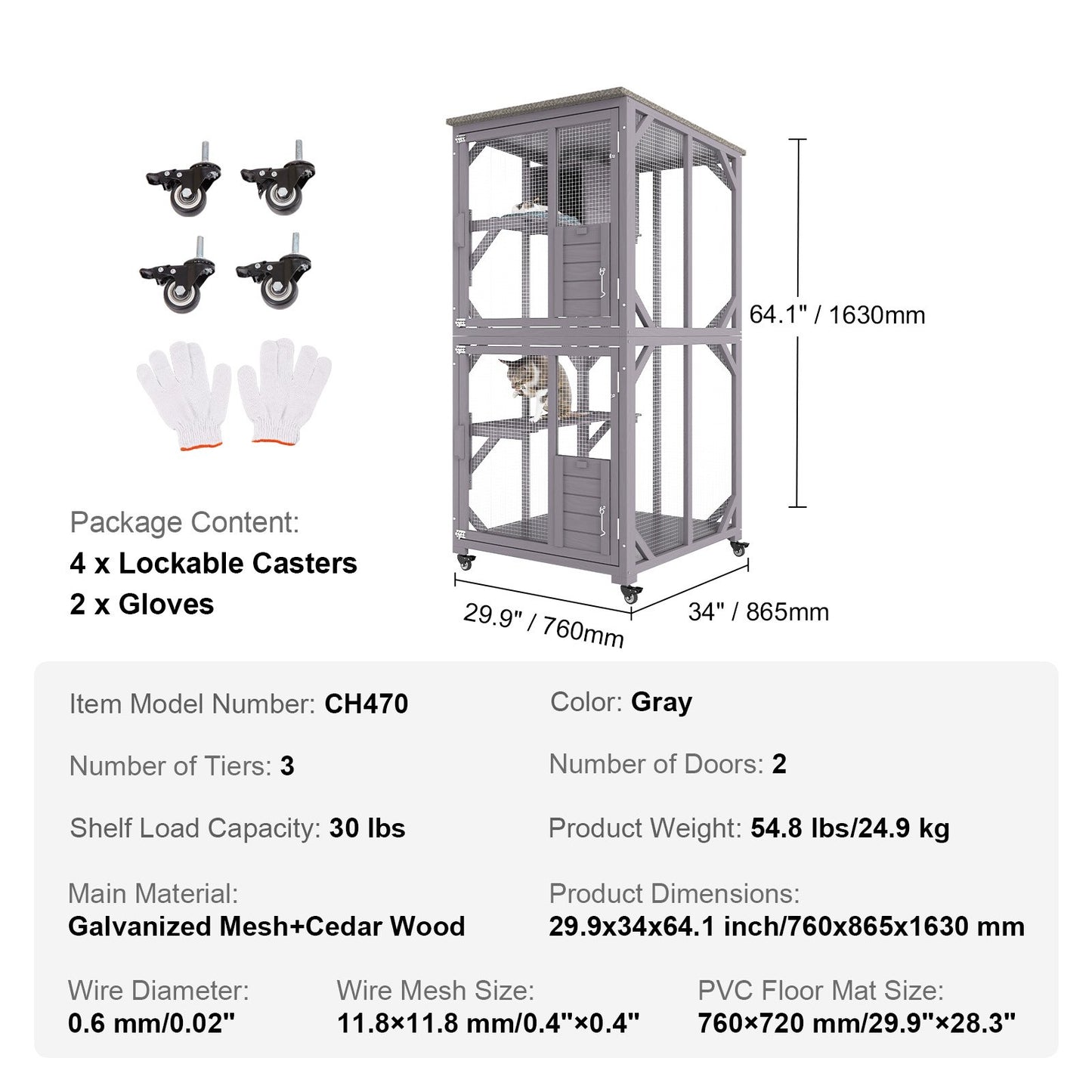 Cat House Outdoor, 3-Tier Large Catio, Cat Enclosure with 360° Rotating Casters, 2 Platforms, A Resting Box and Large Front Door, 29.9 x 34 x 64.1 inch