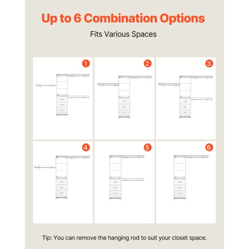 garderobssystem med 3 lådor, justerbar höjd för garderobsorganisering i trä, modern klädkammare med 3 utdragbara galgar, fristående klädställ, vit | EU