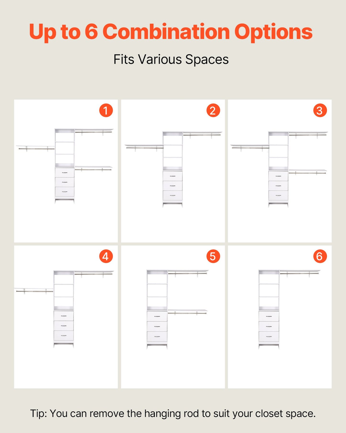 Closet System with 3 Drawers, Adjustable Height Wooden Closet Organizers, Modern Walk-in Wardrobe Organization with 3 Retractable Clothes Hanger Rods, Freestanding Garment Rack Storage, White