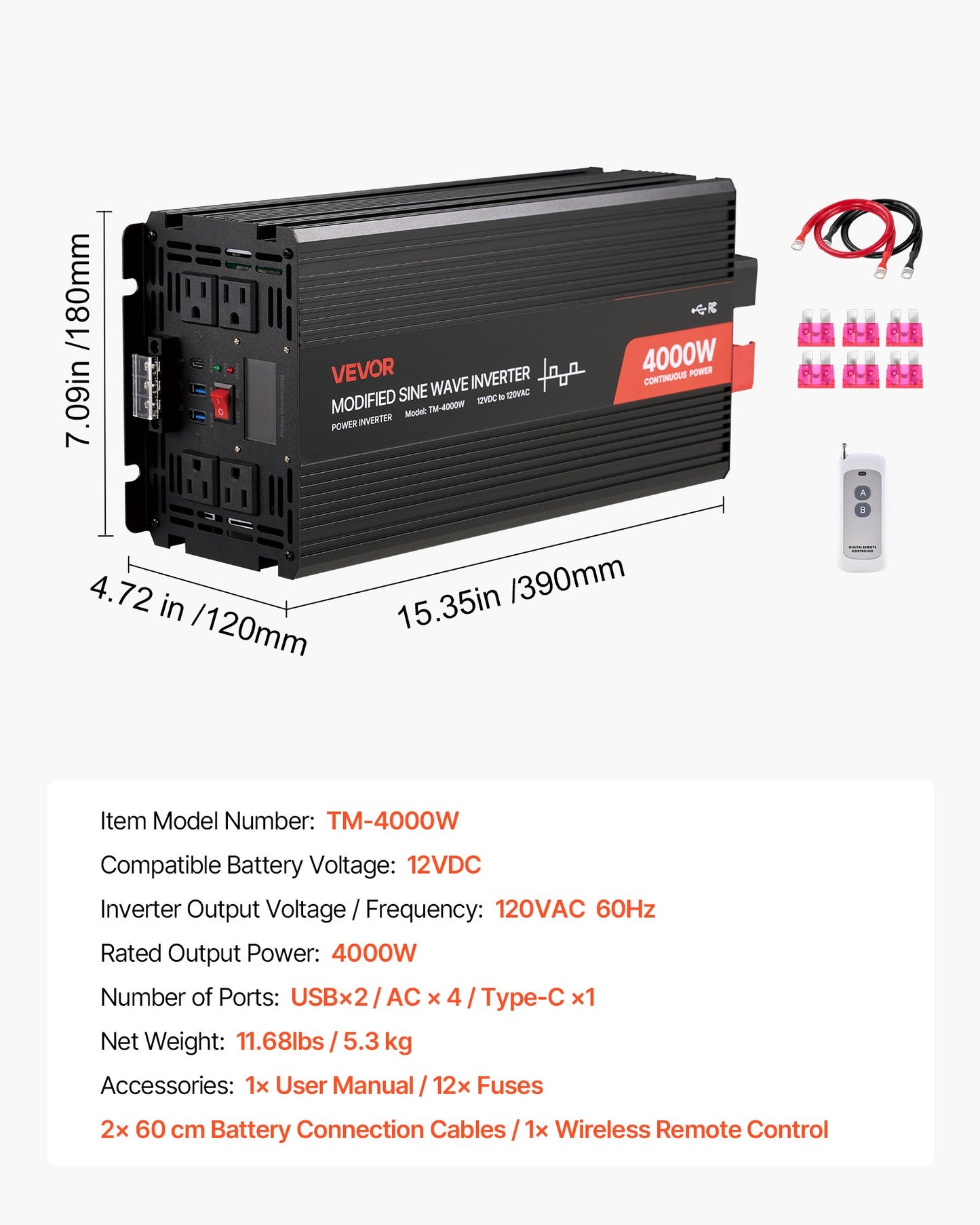 4000W Power Inverter, 12V DC to 120V AC Modified Sine Wave Inverter, Solar Car Charger Converter with LCD Display, Remote Control, 2 USB Ports, 4 AC Outlets, Type-C Port, for RV, Truck Outdoor