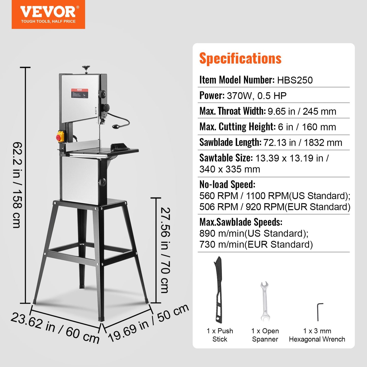 Band Saw with Stand, 10-Inch, 560 & 1100 RPM Two-Speed Benchtop Bandsaw, 370W 0.5HP Motor with Metal Stand Optimized Work Light Workbench Fence and Miter Gauge, for Woodworking Aluminum Plastic