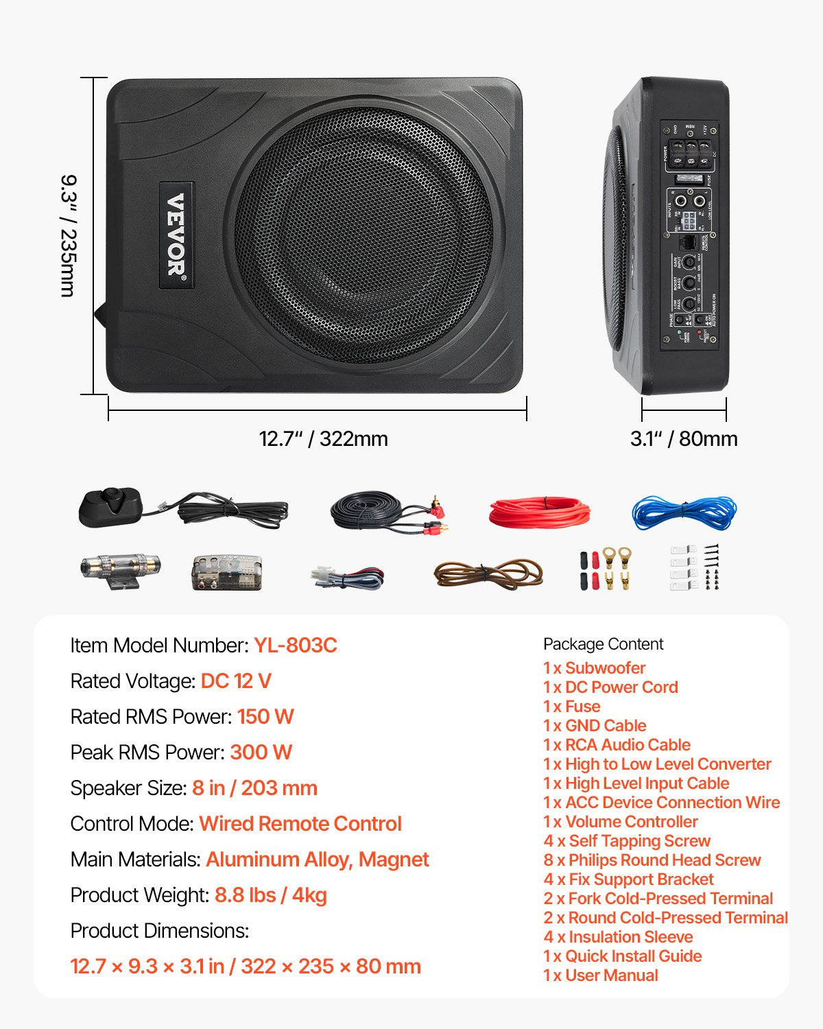 8" 300W Underseat Car Subwoofer, Slim Powered Car Subwoofers Under the Seat, Low Profile Audio Sub Built-in Amplifier, High/Low Level Input & Volume Controller for SUVs, Car, Truck, RV