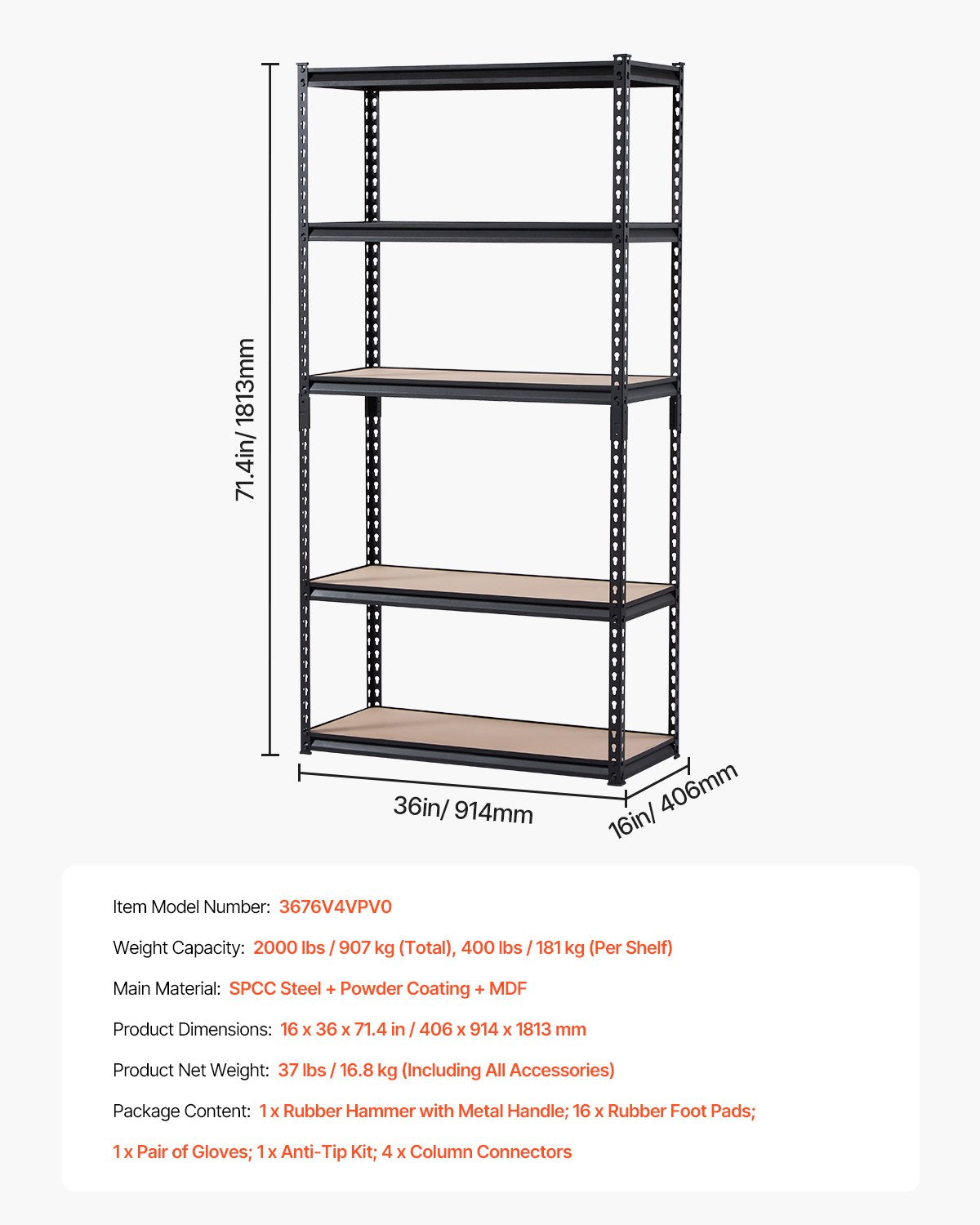 Storage Shelves, 2000 lbs, 5 Tier Garage Storage Shelving, 16" D x 36" W x 71.4" H Adjustable Metal Shelves for Garage Shelves Utility Rack Shelf, Ideal for Kitchen, Warehouse, Basement, Black