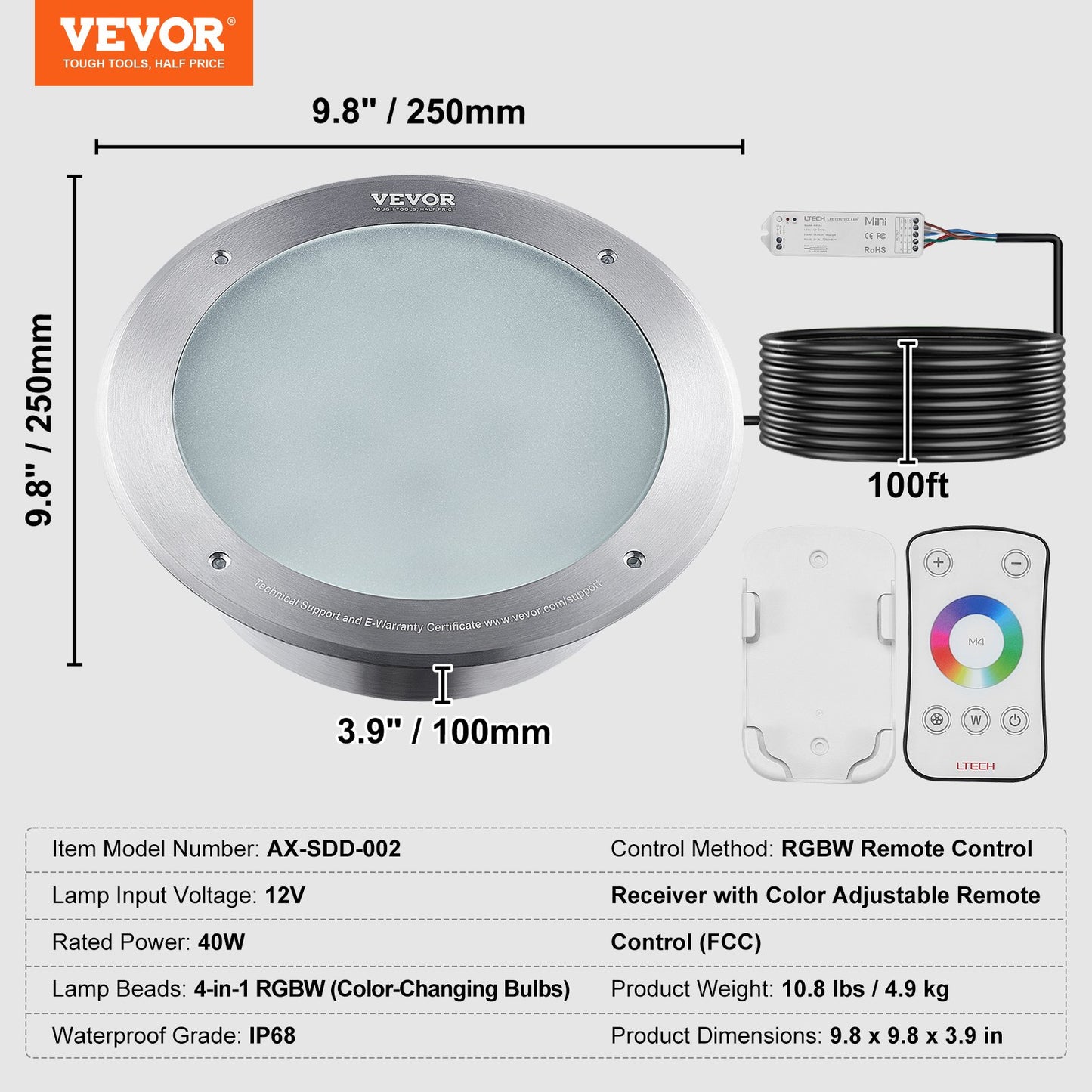 12V LED Pool Illumination, 10 Inch 40W, RGBW Hue Shift for Inground Pools & Spas, Includes 100 FT Cord & Remote, Suits 10 in Wet Niches, IP68