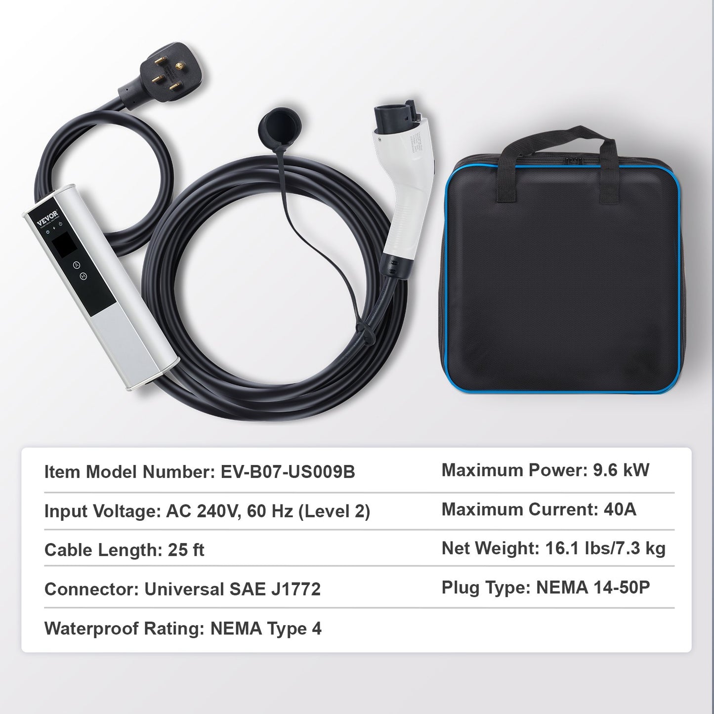 Level 2 Portable EV Charger, 40A 240V, Electric Vehicle Charger with 25 ft Charging Cable NEMA 14-50P Plug, 40A/32A/24A/16A Adjustable Current Plug-in Home EV Charging Station for SAE J1772 EVs