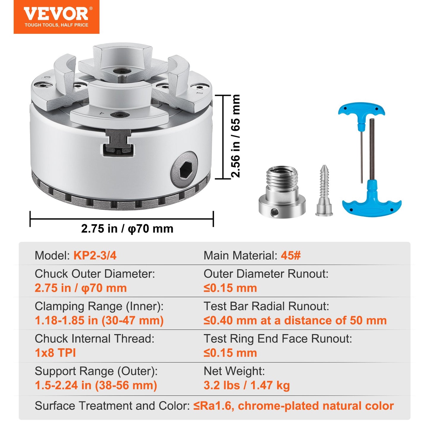 KP2-3/4 Lathe Chuck, 4-Jaw 2.75" Diameter, Metal Lathe Chuck Turning Machine Accessories, Self-centering Tool, for Lathe, Precision Machining, Grinding Machines, Milling Machines