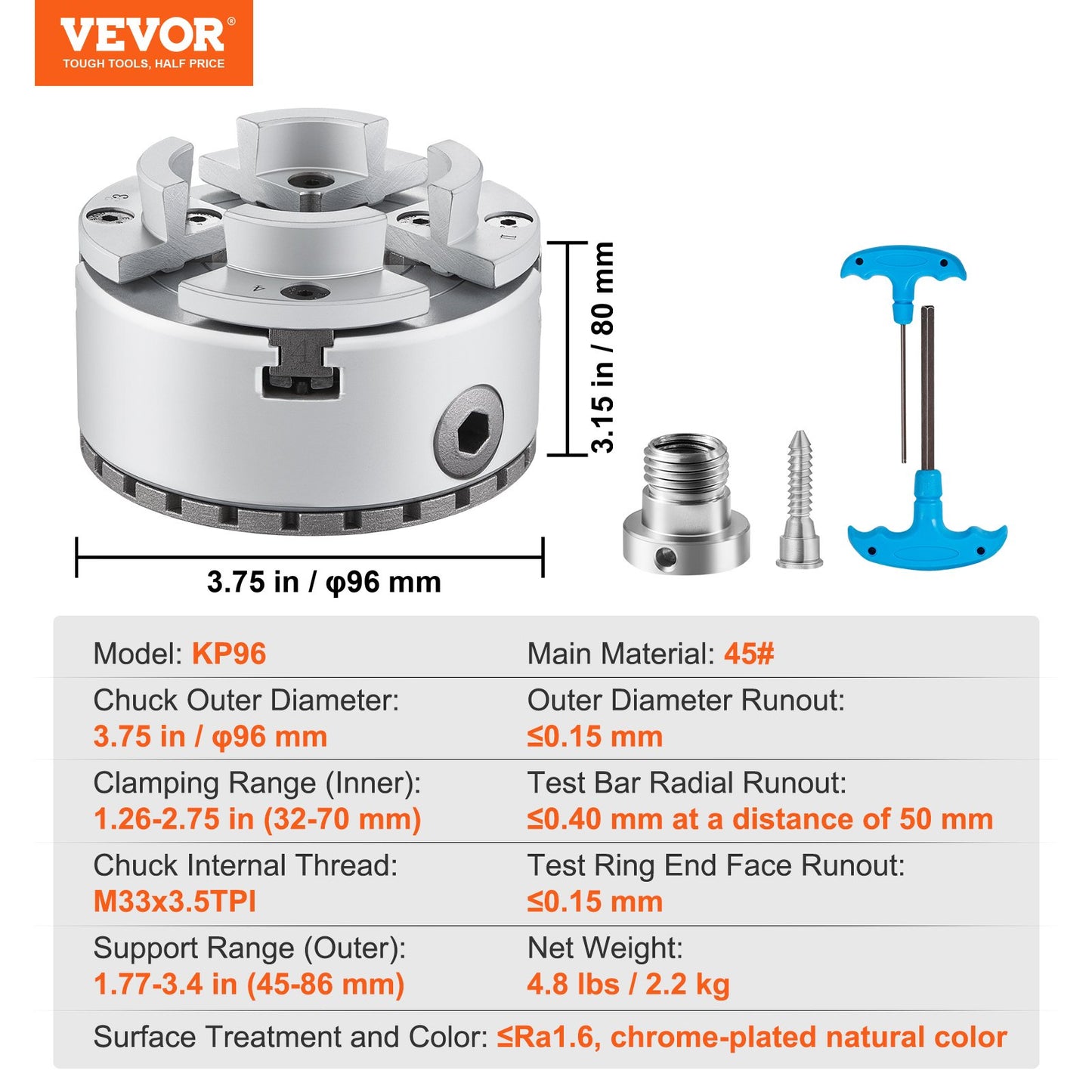 KP96 Lathe Chuck, 4-Jaw 3.75" Diameter, Metal Lathe Chuck Turning Machine Accessories, Self-centering Tool, for Lathe, Precision Machining, Grinding Machines, Milling Machines