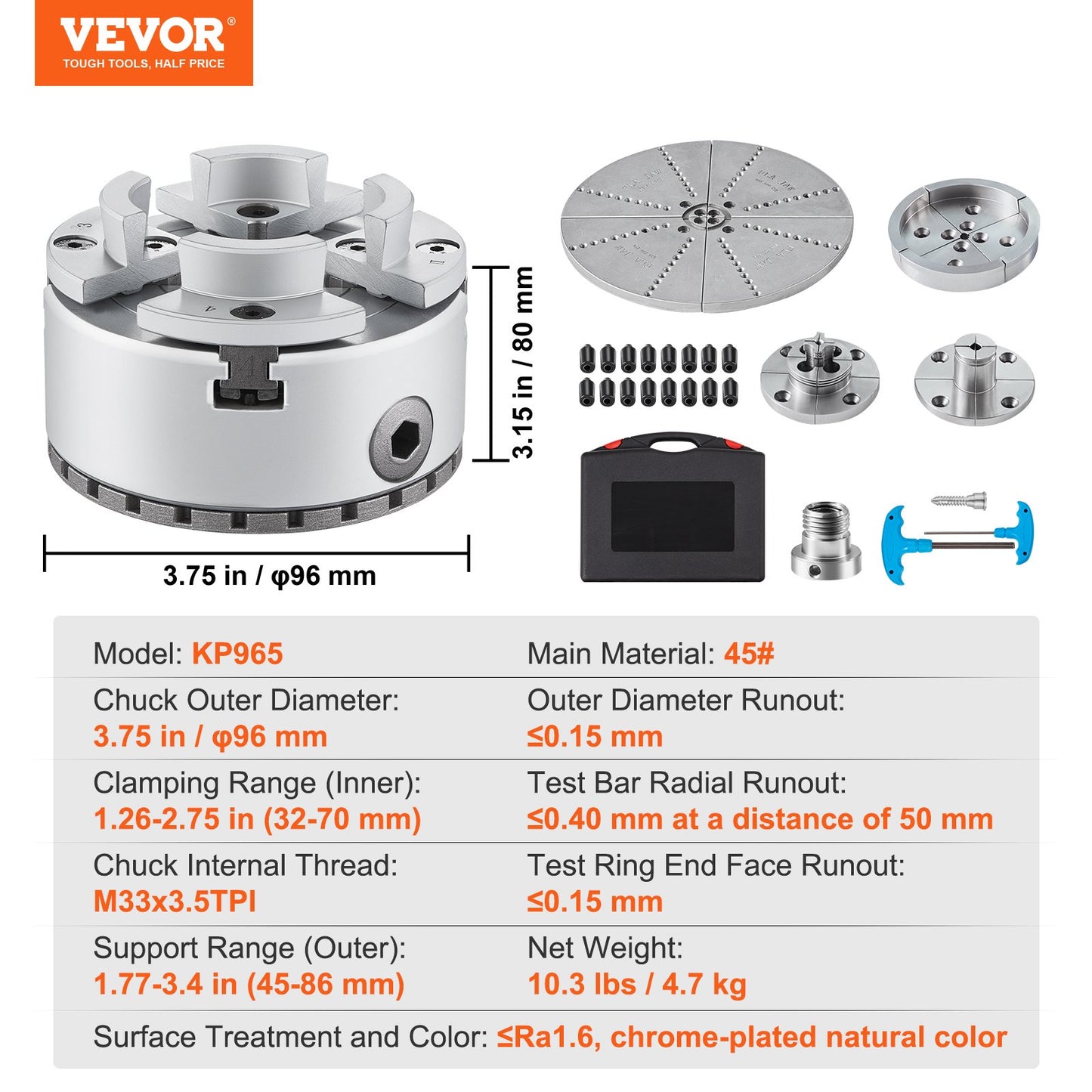 KP965 Lathe Chuck, 4-Jaw 3.75" Diameter, Metal Lathe Chuck Turning Machine Accessories with 5 Sets of Jaws, Self-centering Tool, for Precision Machining, Grinding Machines, Milling Machines