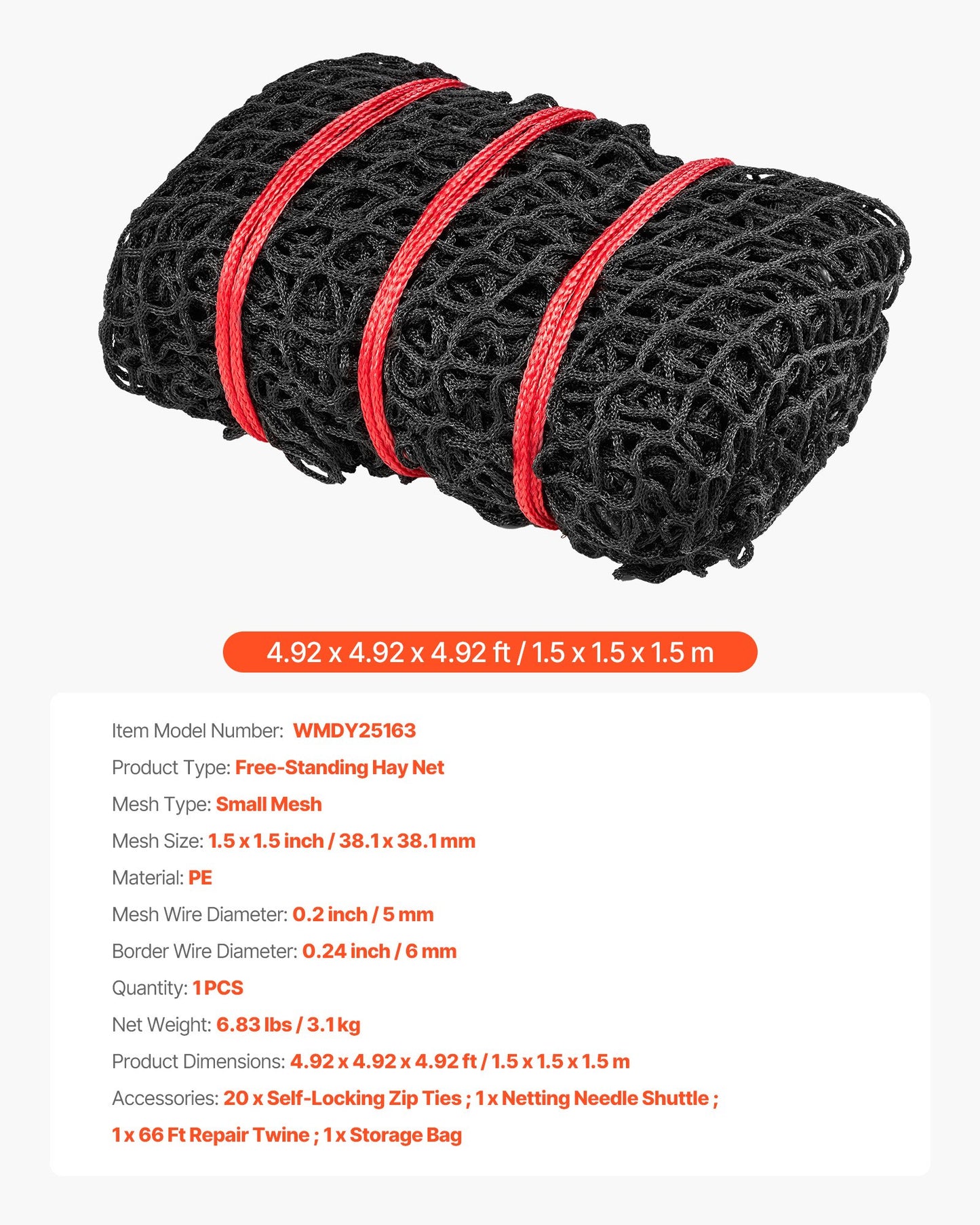 Round Bale Hay Net, 4.92 x 4.92 x 4.92 ft, 1.5 inch Holes, PE Material, Knotless Design, with Zip Ties, Needle Shuttle, Repair Twine and Storage Bag, Slow Feeder Round Bale Net for Horses