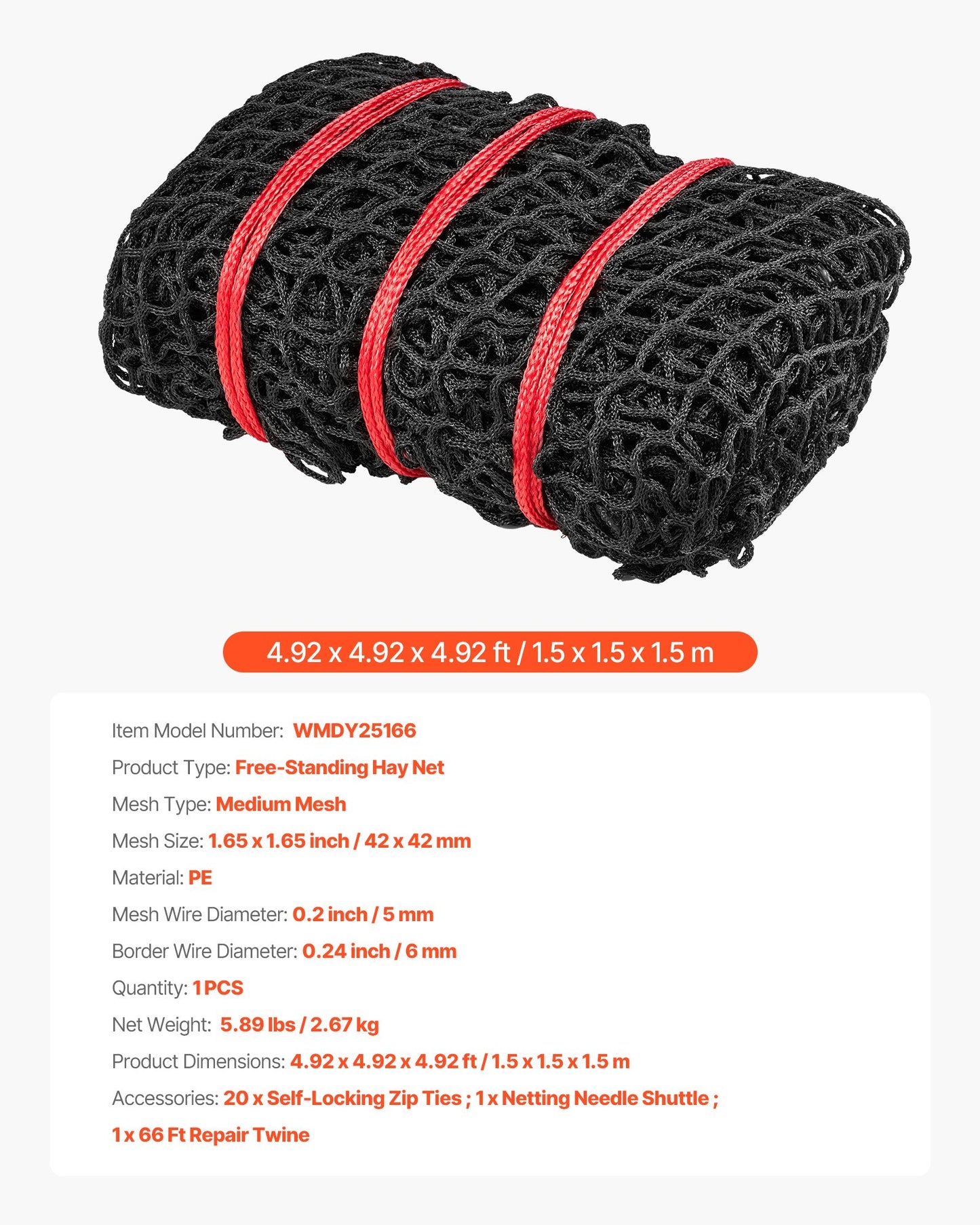 Round Bale Hay Net, 4.92 x 4.92 x 4.92 ft, 1.65 inch Holes, PE Material, Knotless Design, with Self-Locking Zip Ties, Needle Shuttle, and Repair Twine, Slow Feeder Round Bale Net for Horses