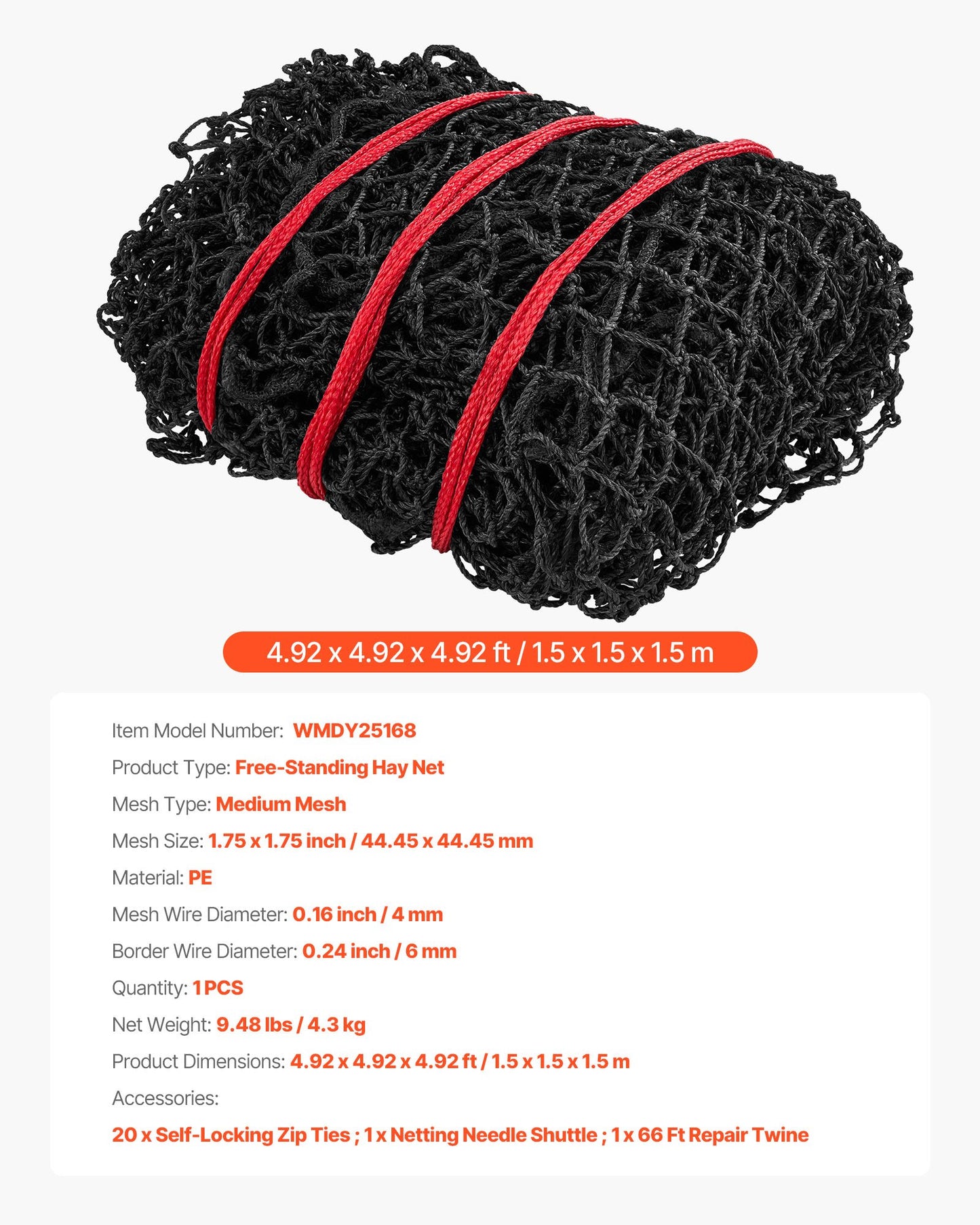 Round Bale Hay Net, 4.92 x 4.92 x 4.92 ft, 1.75 inch Holes, PE Material, Reinforced Knotted Design, with Zip Ties, Needle Shuttle, and Repair Twine, Slow Feeder Round Bale Net for Horses