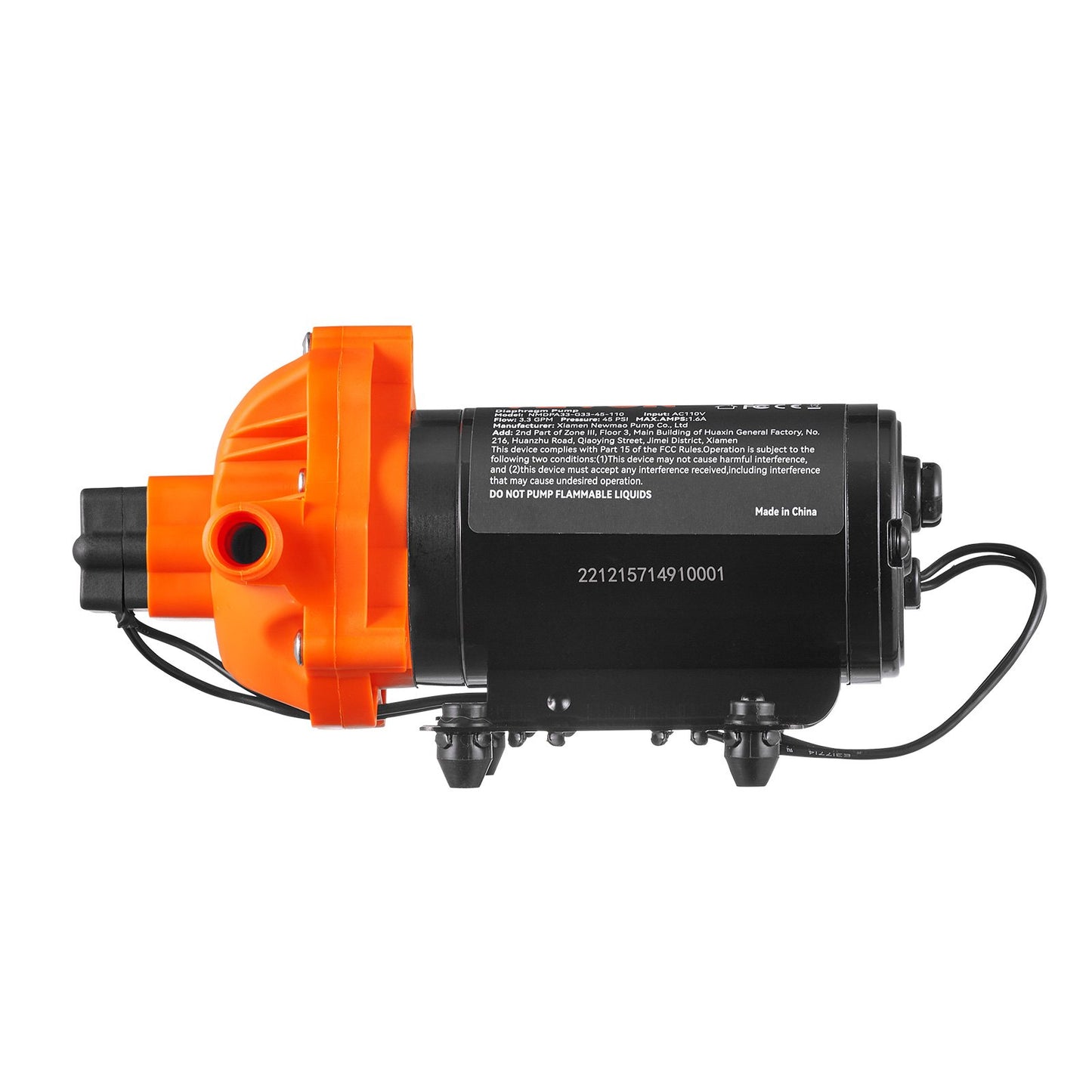 Water Diaphragm Pump, 110V AC, 3.3 GPM Flow, 45 PSI Rated Pressure (40-80 PSI Adjustable), 1/2" MNPT Self Priming Sprayer Pump with Pressure Switch for RV Camper Marine Boat Lawn, FCC Certified