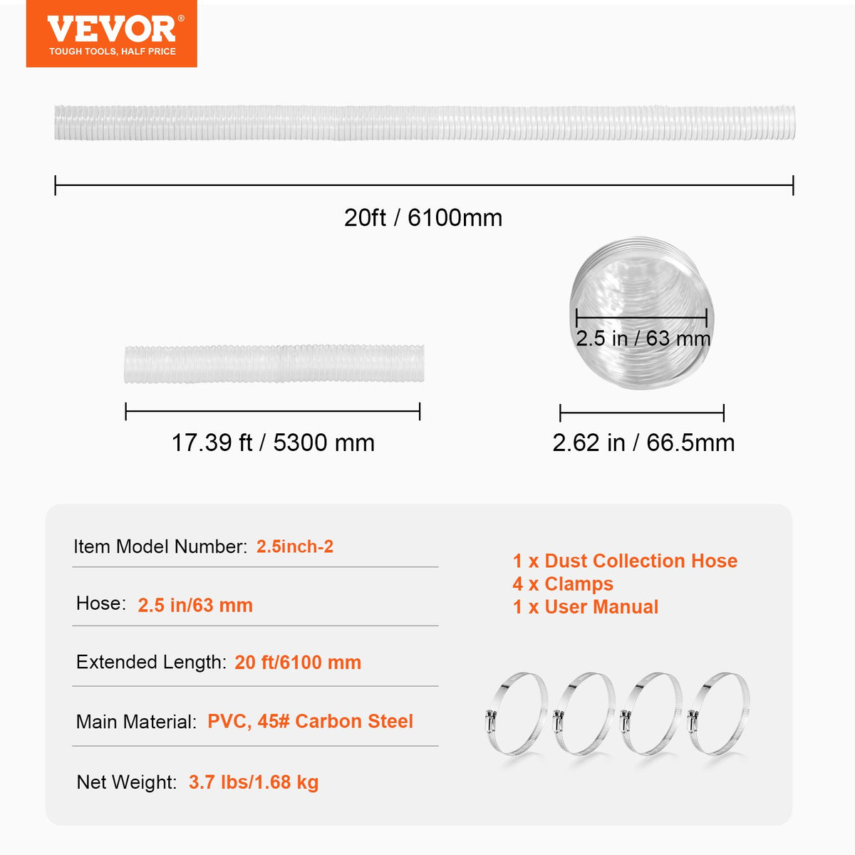 Dust Collection Hose, 2.5'' x 20', Thickened PVC Material Puncture-Resistant Flexible Clear Hose with Carbon Steel Wire Coil 4 x 304 Stainless Clamps, for Table Saw, Band Saw, Planer, Jointer
