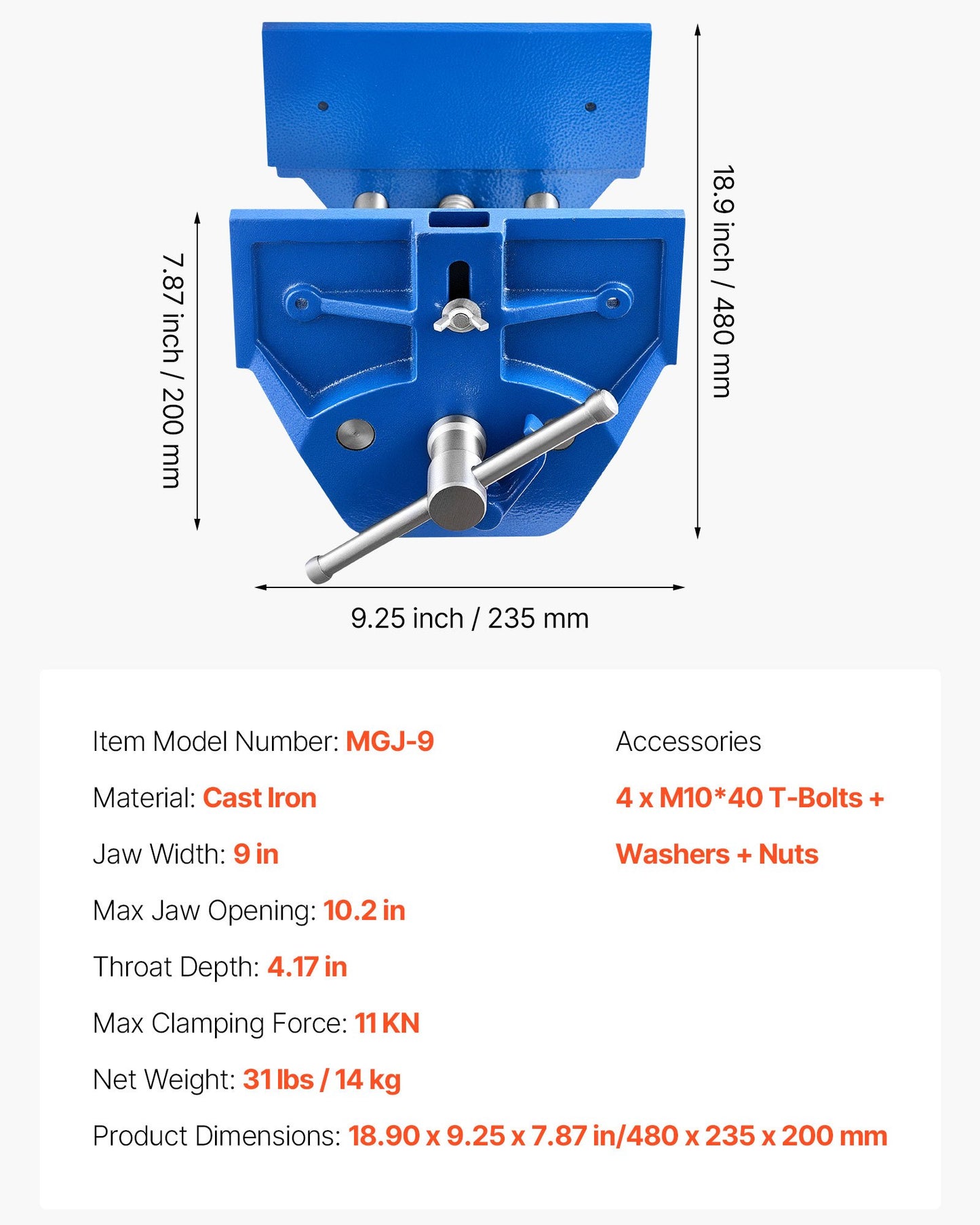 Woodworking Vise, 9 Inch Jaw Width, Quick Release Wood Bench Vise, 10.2 Inch Max Jaw Opening, Heavy-duty Cast Iron Construction, Adjustable Front Stop, Workbench Vice, for Woodworking Drilling