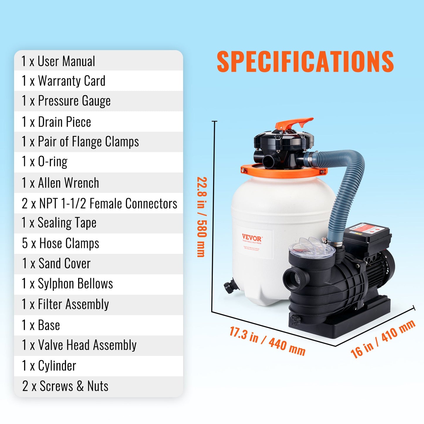 Sand Filter Pump for Above Ground Pools, 12-inch, 3000 GPH, 1/2 HP Swimming Pool Pumps System & Filters Combo Set with 6-Way Multi-Port Valve & Strainer Basket, for Domestic and Commercial Pools
