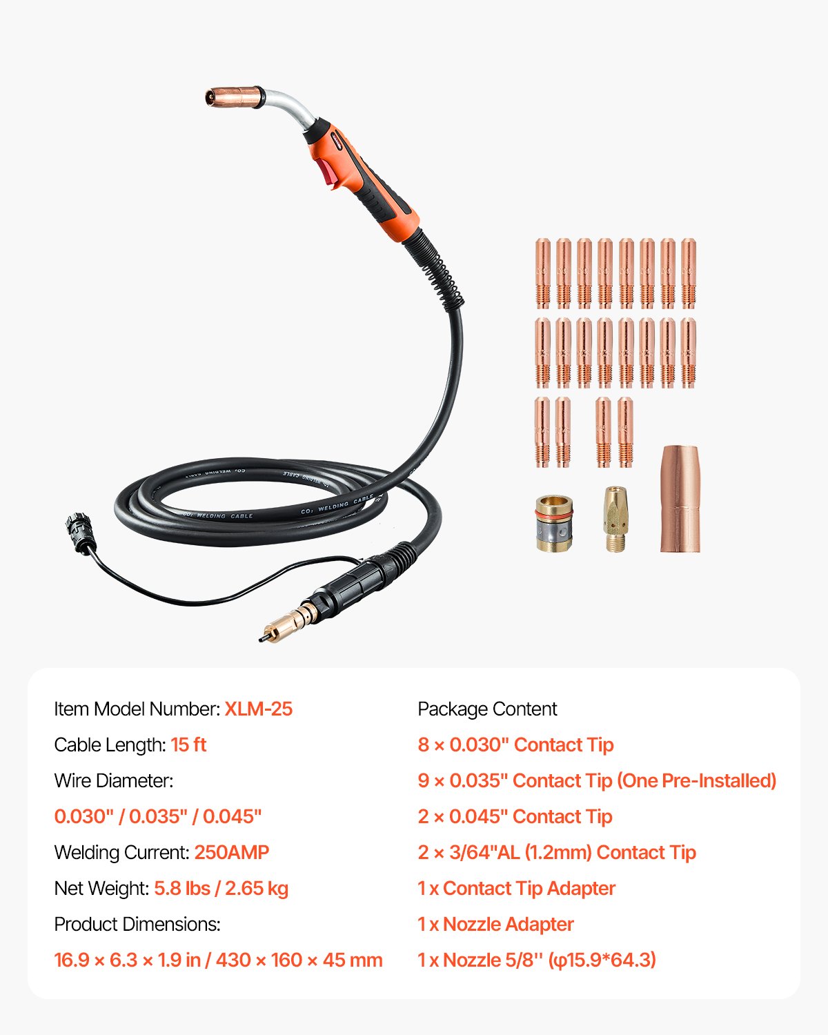 250Amp Mig Welding Gun with 15FT Cable, Compatible with Millermatic 200, 210, 212, 250, 250X, 251, 252 Welders, Suitable for 0.030", 0.035" and 0.045" Welding Wires