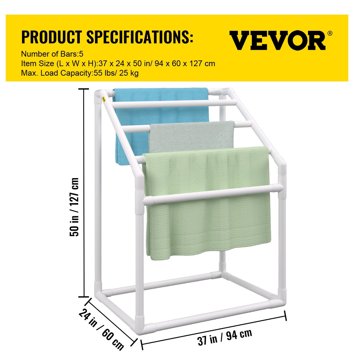 Towel Rack, 5 Bars Outdoor PVC Towel Holder, Freestanding Pool Towel Hanger Stand with Clips, Bag & Hook, Outdoor Indoor Quilt Drying Rack Organizer, Ideal for Poolside, Bathroom, Spa, White