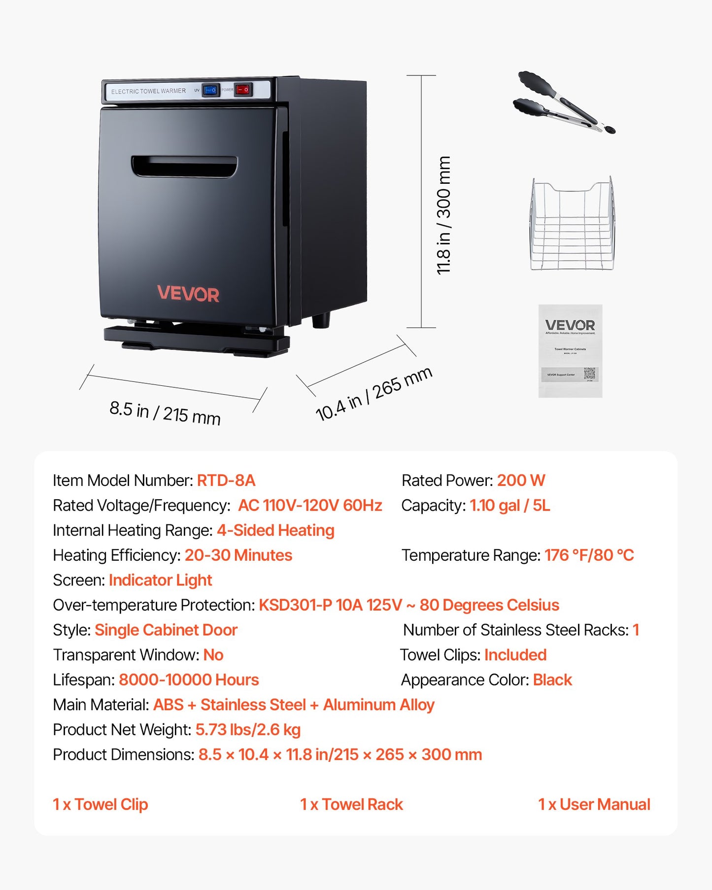 Hot Towel Warmer, 1.1 gal Small Towel Warmer Cabinet with Clip & Stainless Steel Rack, Holds up 8-12 Towels, Portable All-Round Heating Cabinet for Spa, Barber, Manicures, Massage, Salon, Black