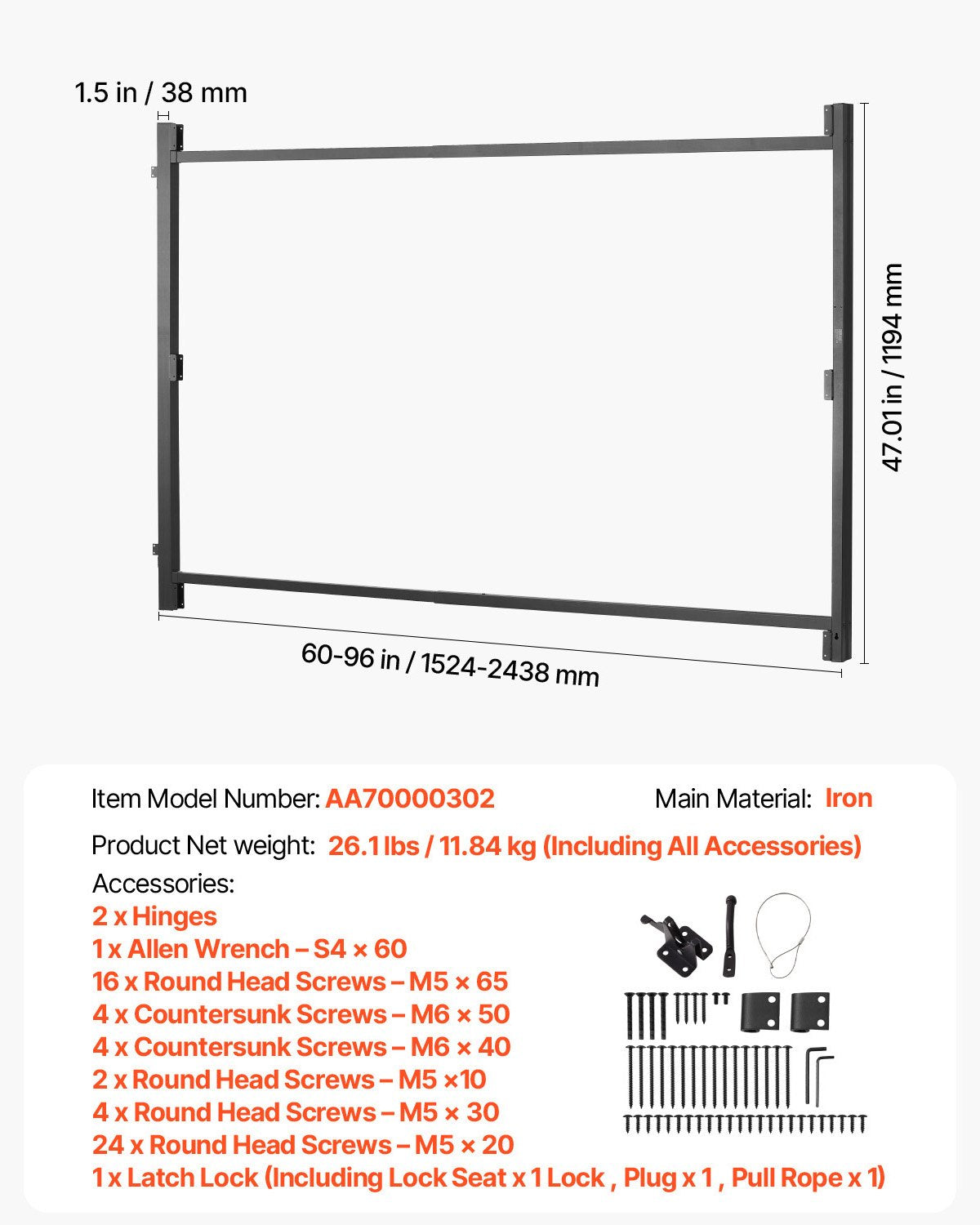 Gate Building Kit, Fits 60 to 96 in Wide Openings, Up from 4 to 5 ft High Fence, Adjustable Gate Building Kit, Anti Sag Full Gate Frame Kit with Latch Lock and Screws, for Wooden Fence, Iron