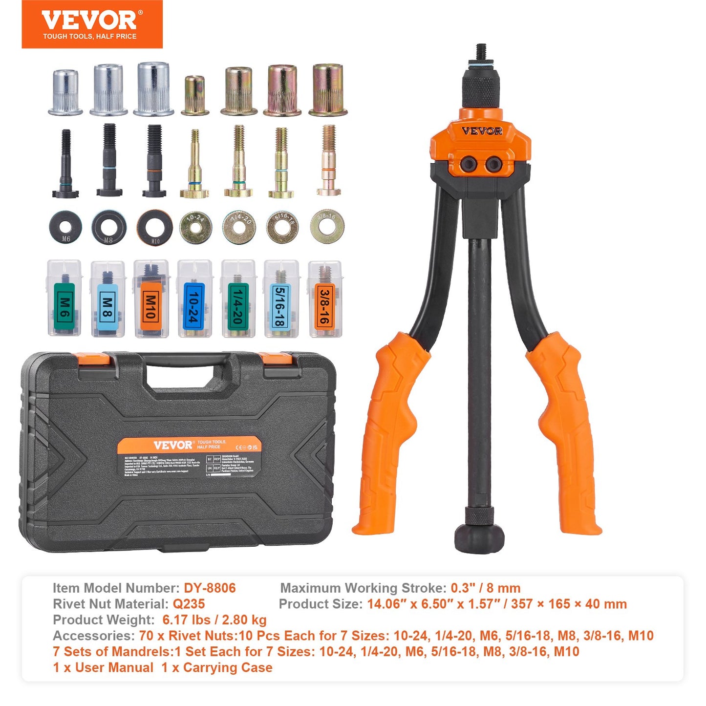 Rivet Nut Tool, 14” Rivnut Tool Kit with 7 PCS Metric and SAE Mandrels, 70 PCS Assorted Rivet Nuts, 10-24, 1/4-20, M6, 5/16-18, M8, 3/8-16, M10, Rivet Nut Kit With Rugged Carrying Case