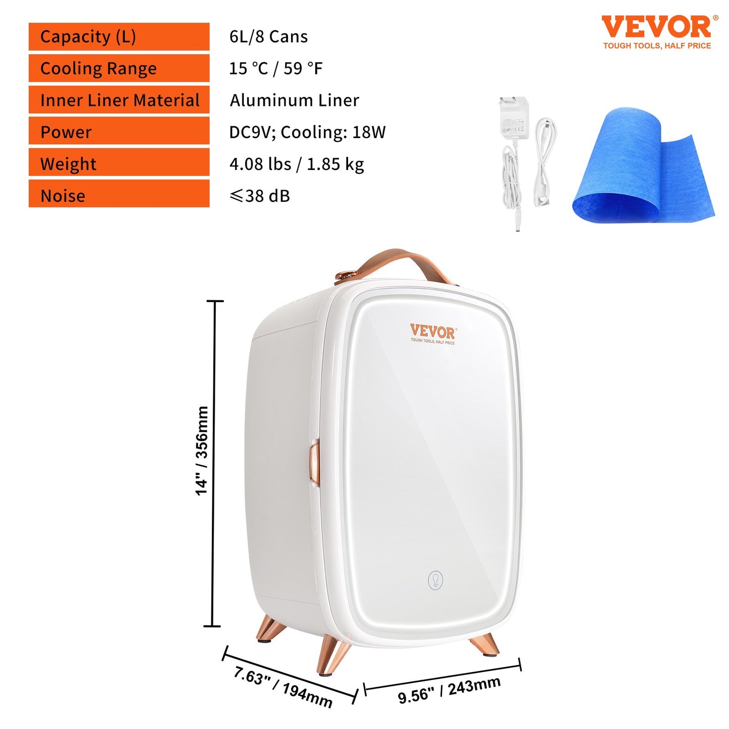 Mini Fridge for Bedroom, 6L Luxury Skin Care Fridges with Mirror and LED Light, AC/DC Cosmetic Fridge for Office Dorm Car, Small Makeup Refrigerator for Beauty Face Mask Beverage Chill, White